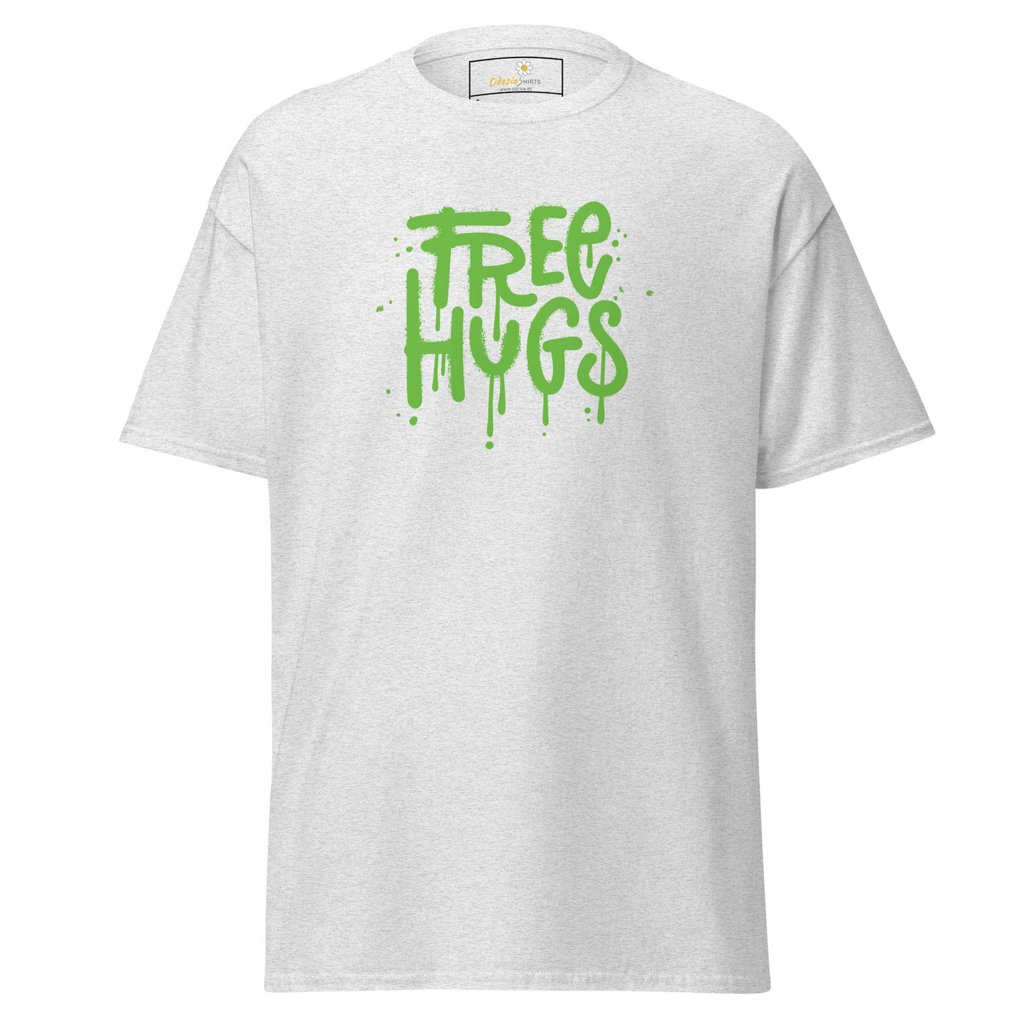 White T-shirt with green Free Hugs graphic, suitable for men and women sizes S to XL