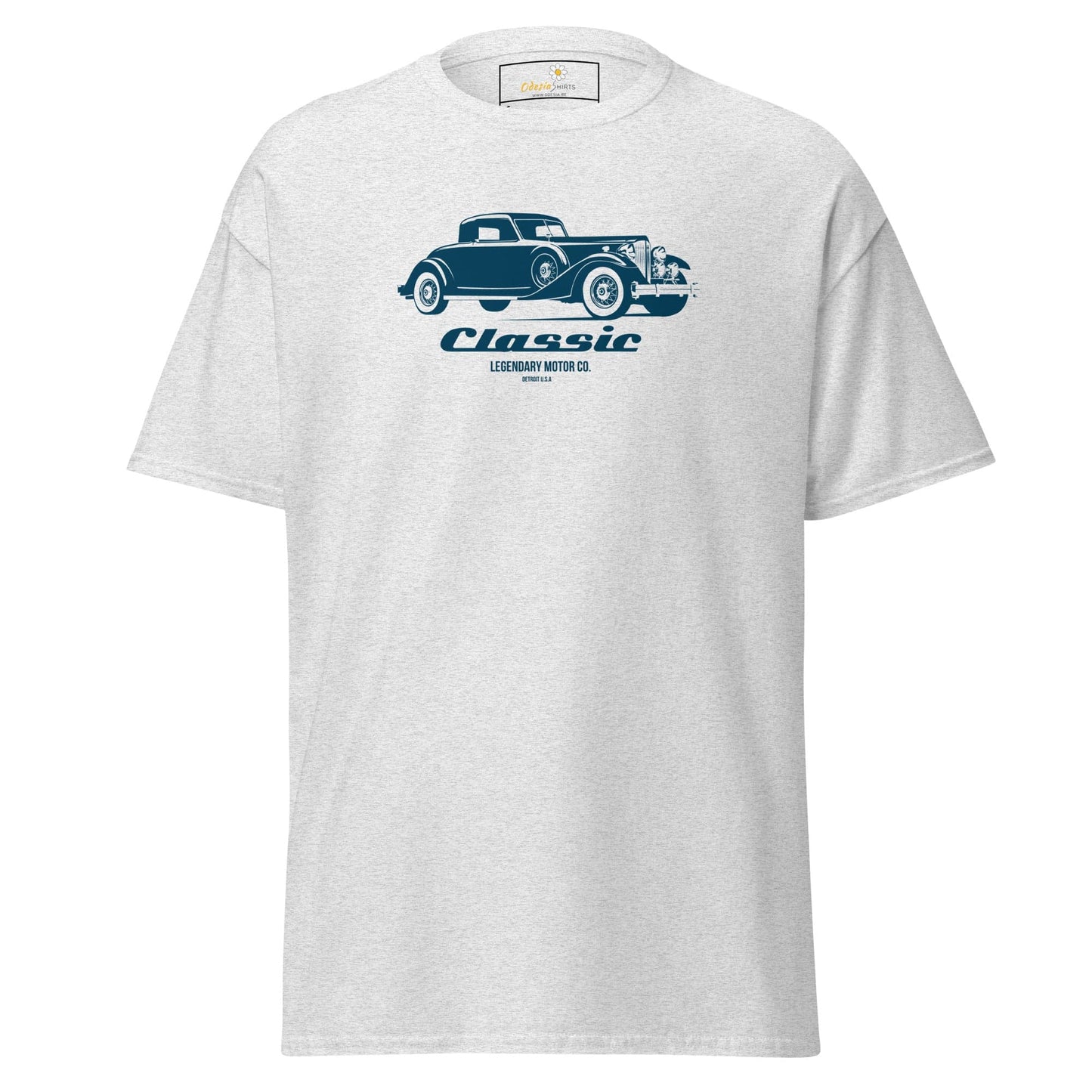 White t-shirt with classic car graphic for men and women, available in sizes S to XL