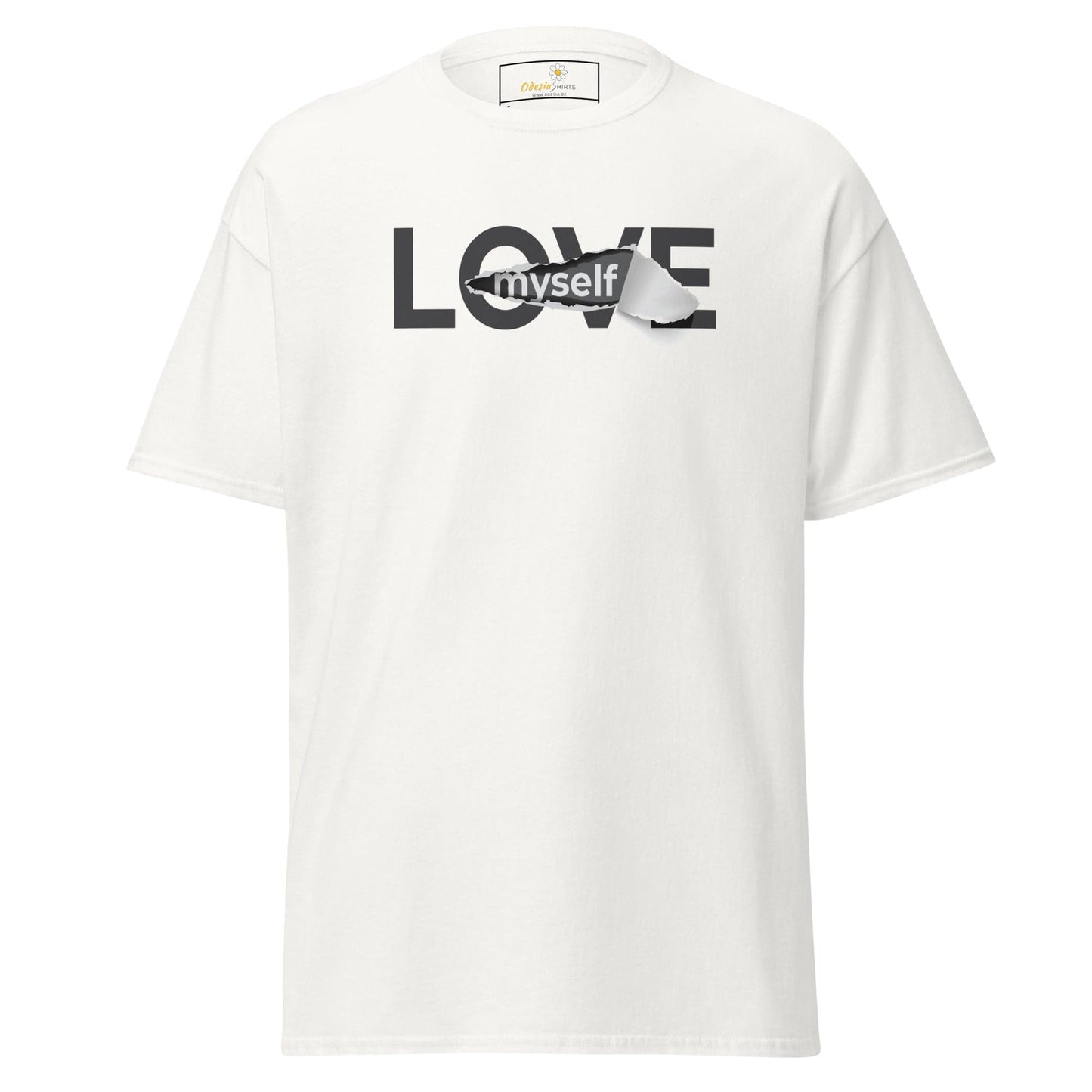White T-shirt with love myself graphic from T-Shirt Design Tee for Men and Women