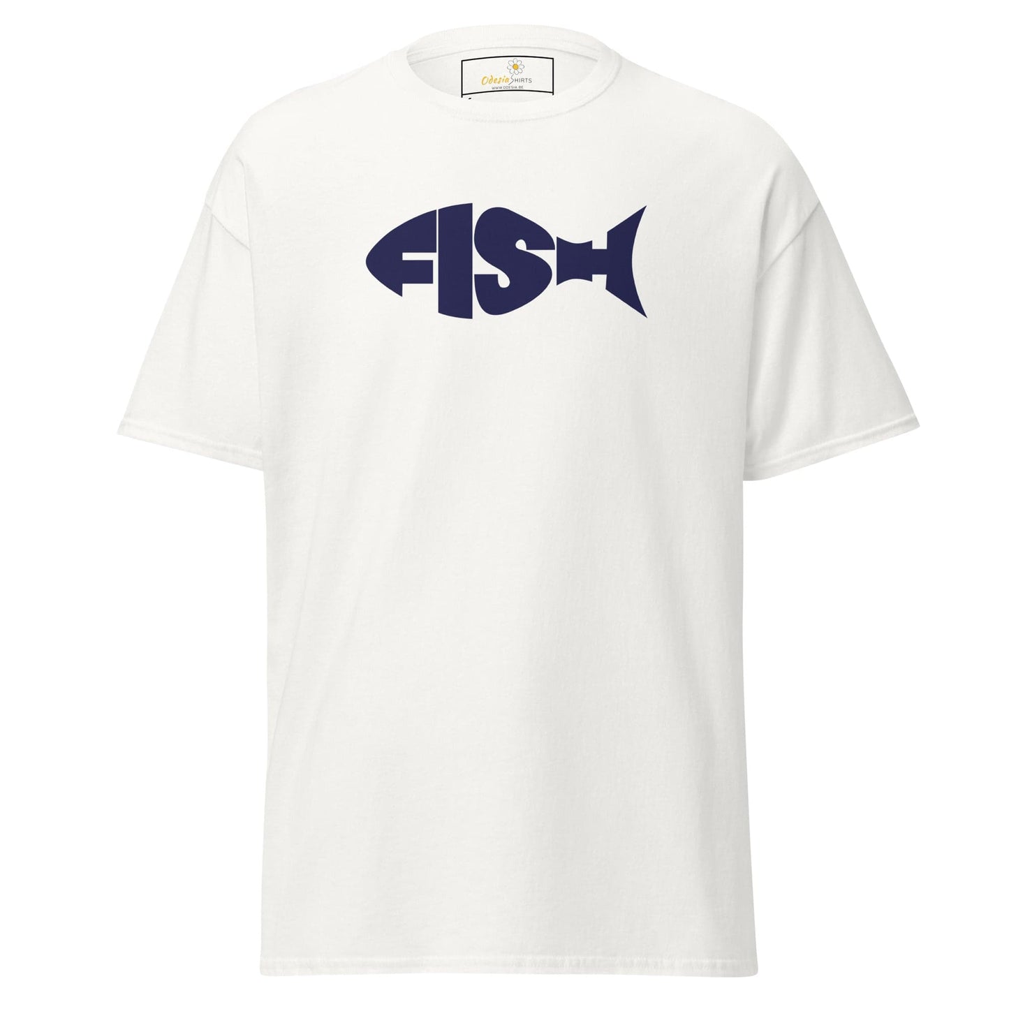 White T-shirt with FISH text design shaped like a fish, suitable for men and women