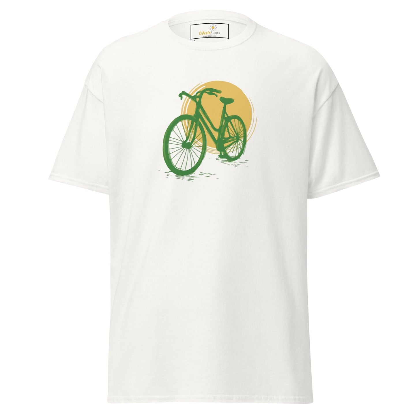 White T-shirt with green bicycle graphic for men and women in sizes S to XL