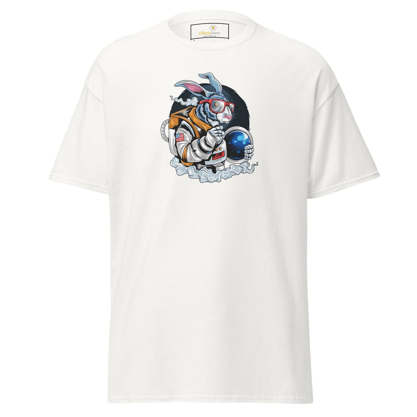 White T-shirt with astronaut rabbit graphic for men and women in sizes S to XL