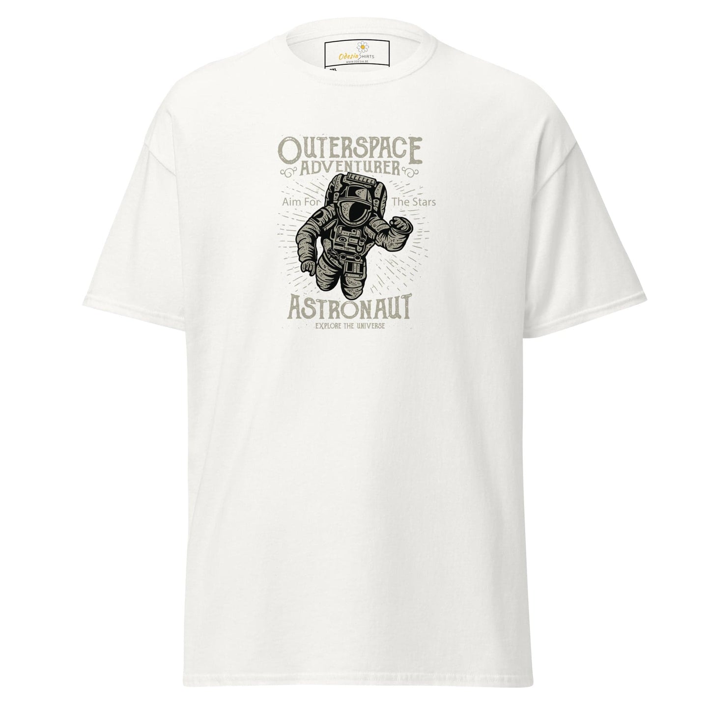 White t-shirt with astronaut graphic.