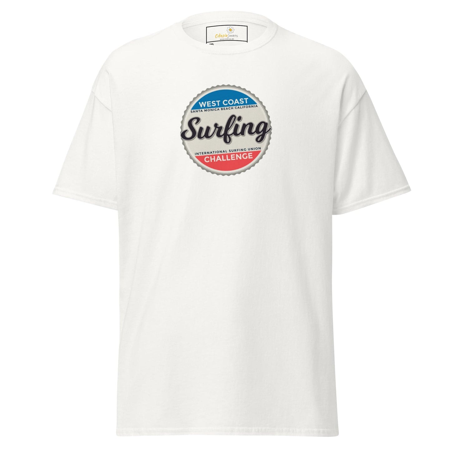 White t-shirt with surfing graphic.
