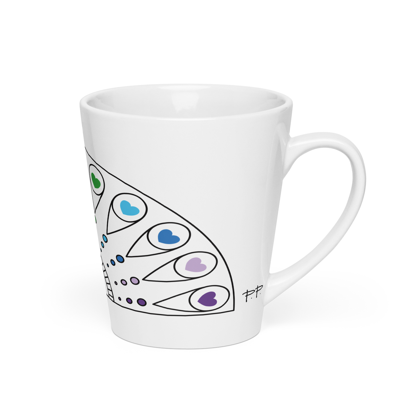 White mug with heart-filled peacock feather design.
