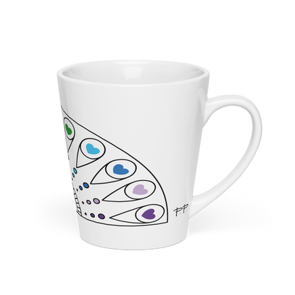 White mug with heart-filled peacock feather design.