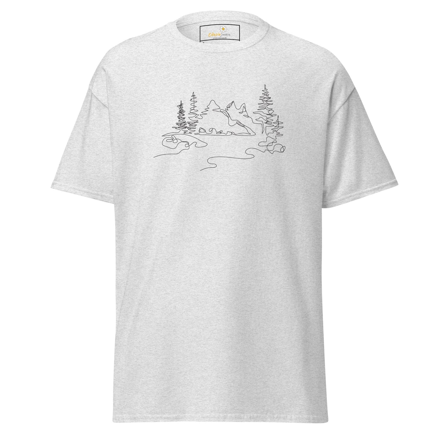 White T-shirt with mountain line art, ideal for both men and women in sizes S to XL