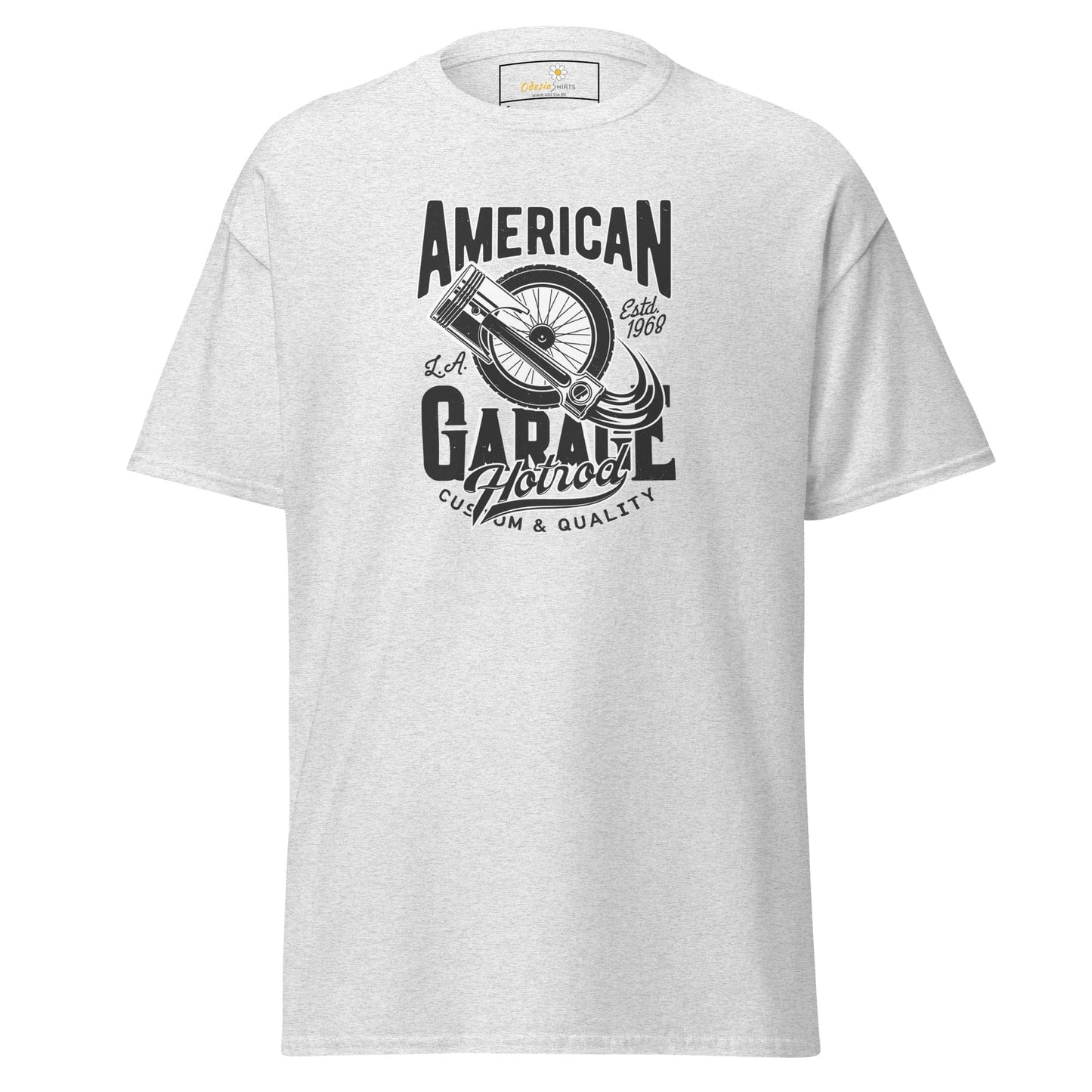 White T-shirt with garage-themed graphic for men and women in S to XL sizes