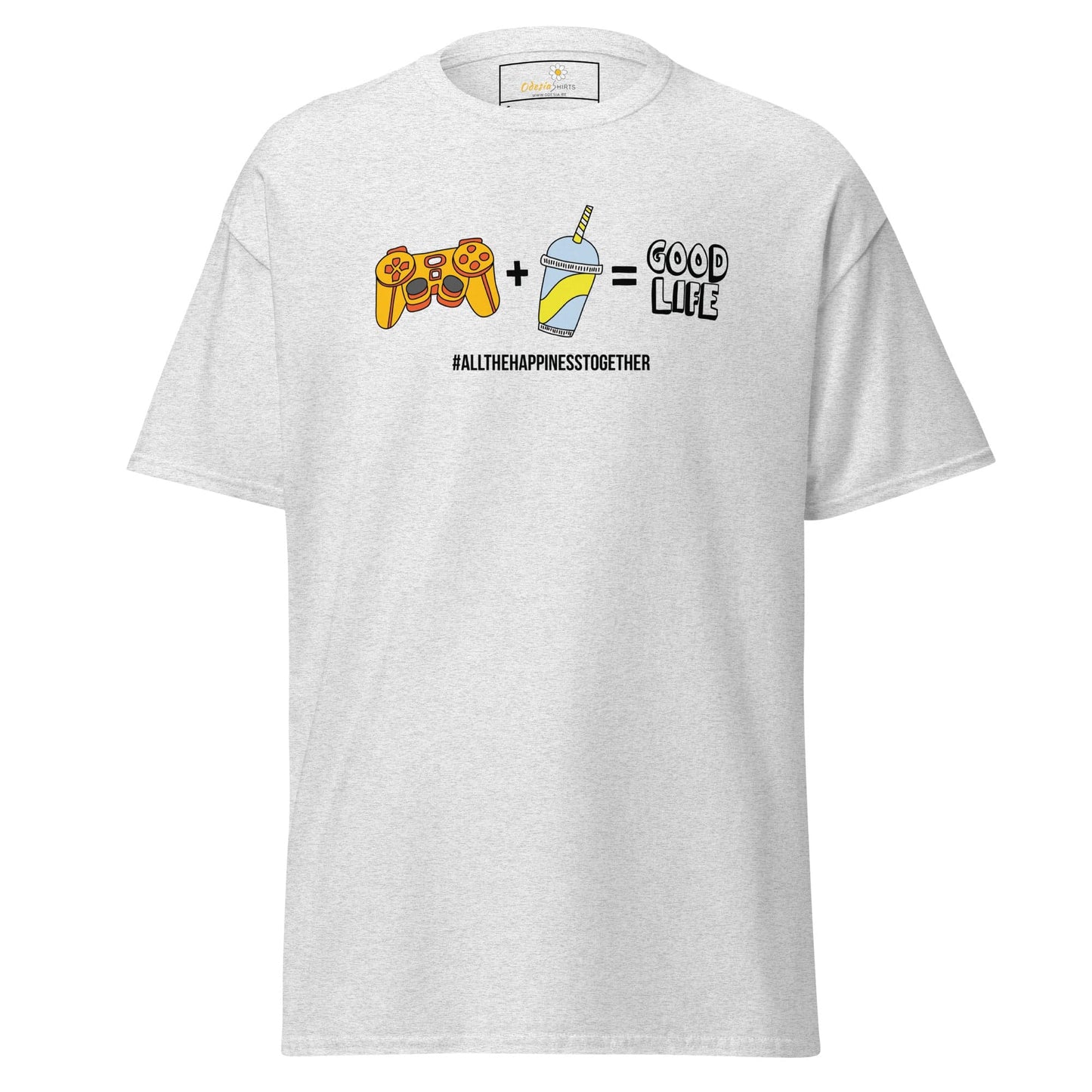 White T-shirt with graphic design for men and women, available in sizes S to XL