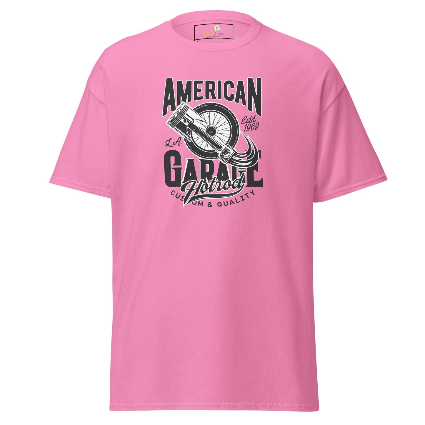 Pink T-shirt with garage-themed graphic for men and women in sizes S to XL
