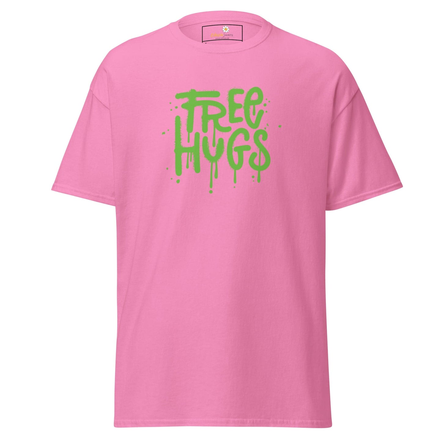 Pink T-shirt with green Free Hugs graphic from T-SHIRT DESIGN TEE for men and women
