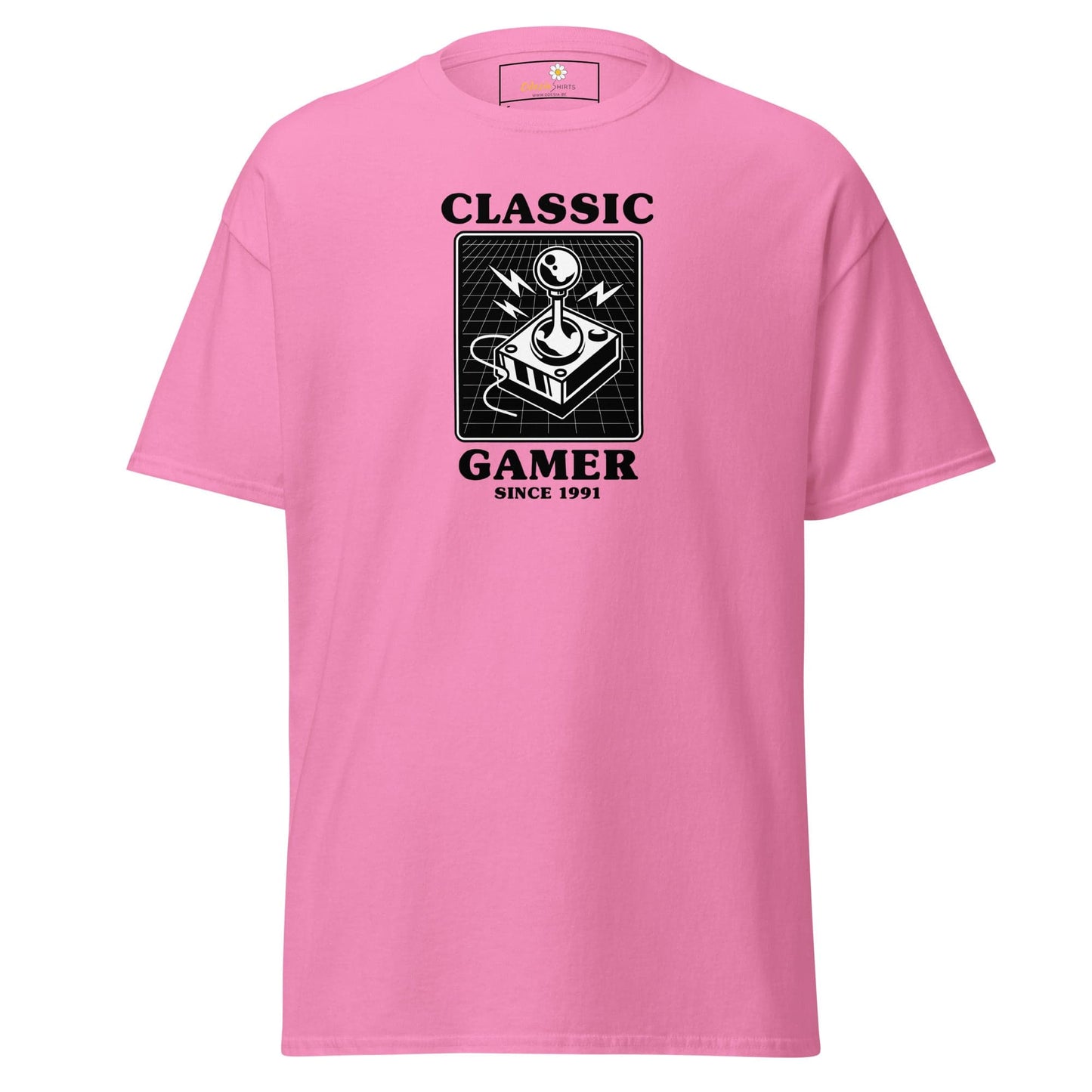 Pink T-shirt with retro gaming design suitable for men and women in sizes S to XL