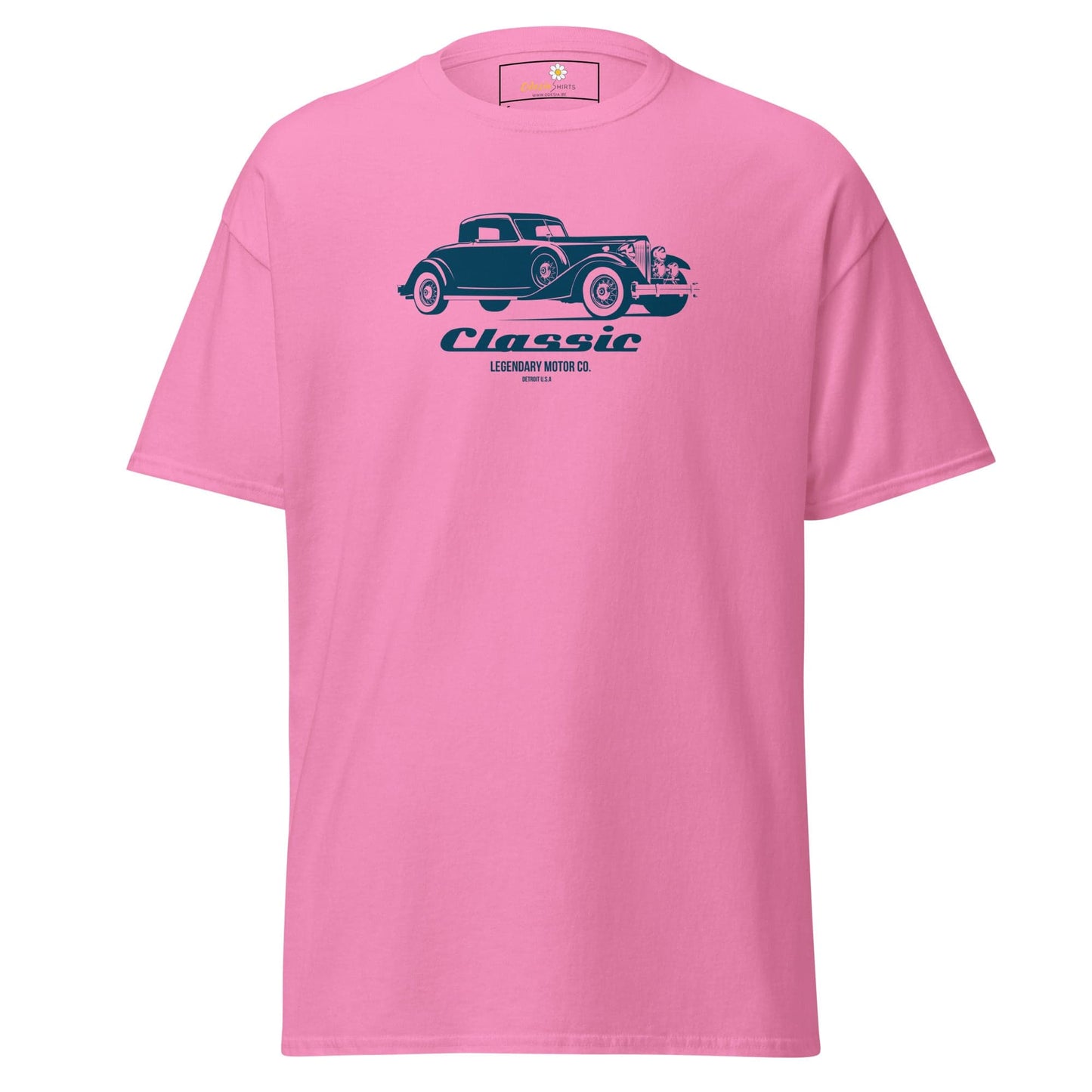 Pink T-shirt featuring a classic car graphic for men and women, available in sizes S to XL
