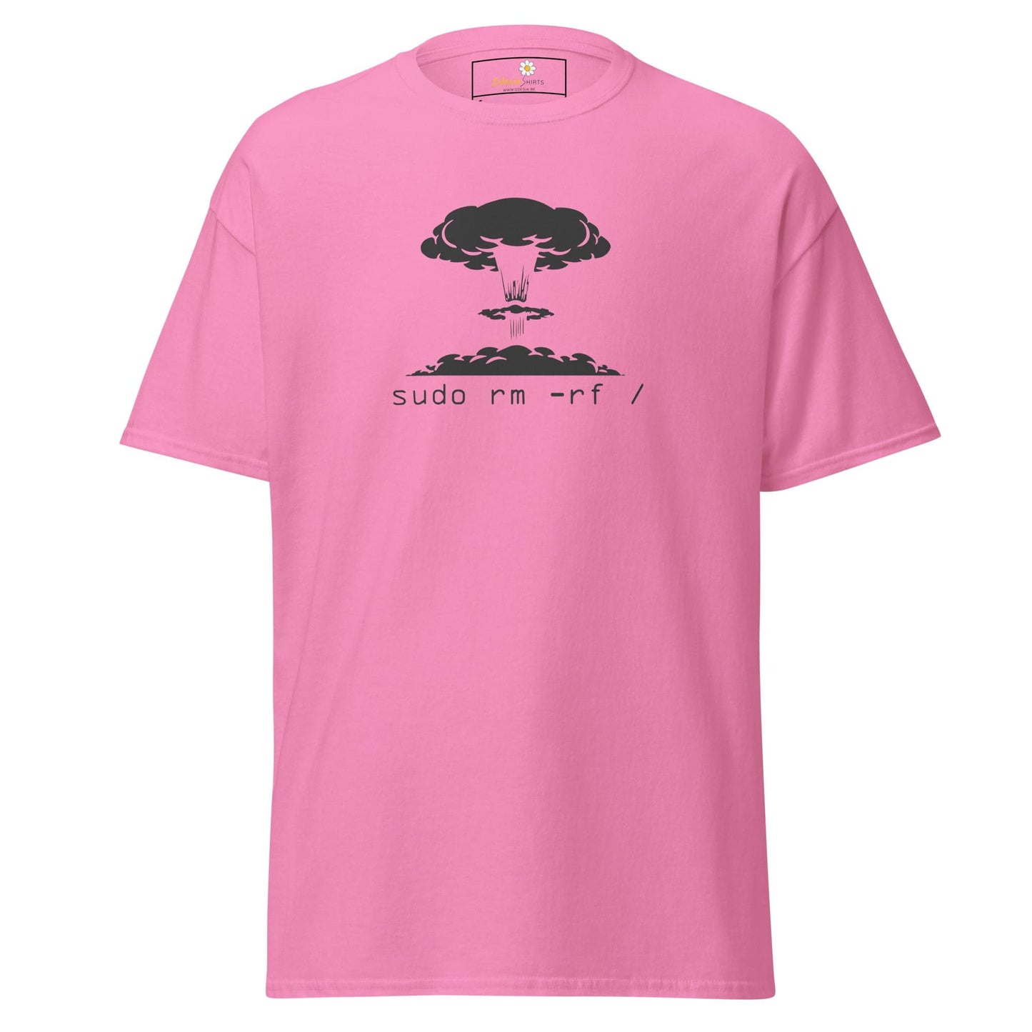 Pink T-shirt with mushroom cloud graphic, suitable for men and women sizes S to XL