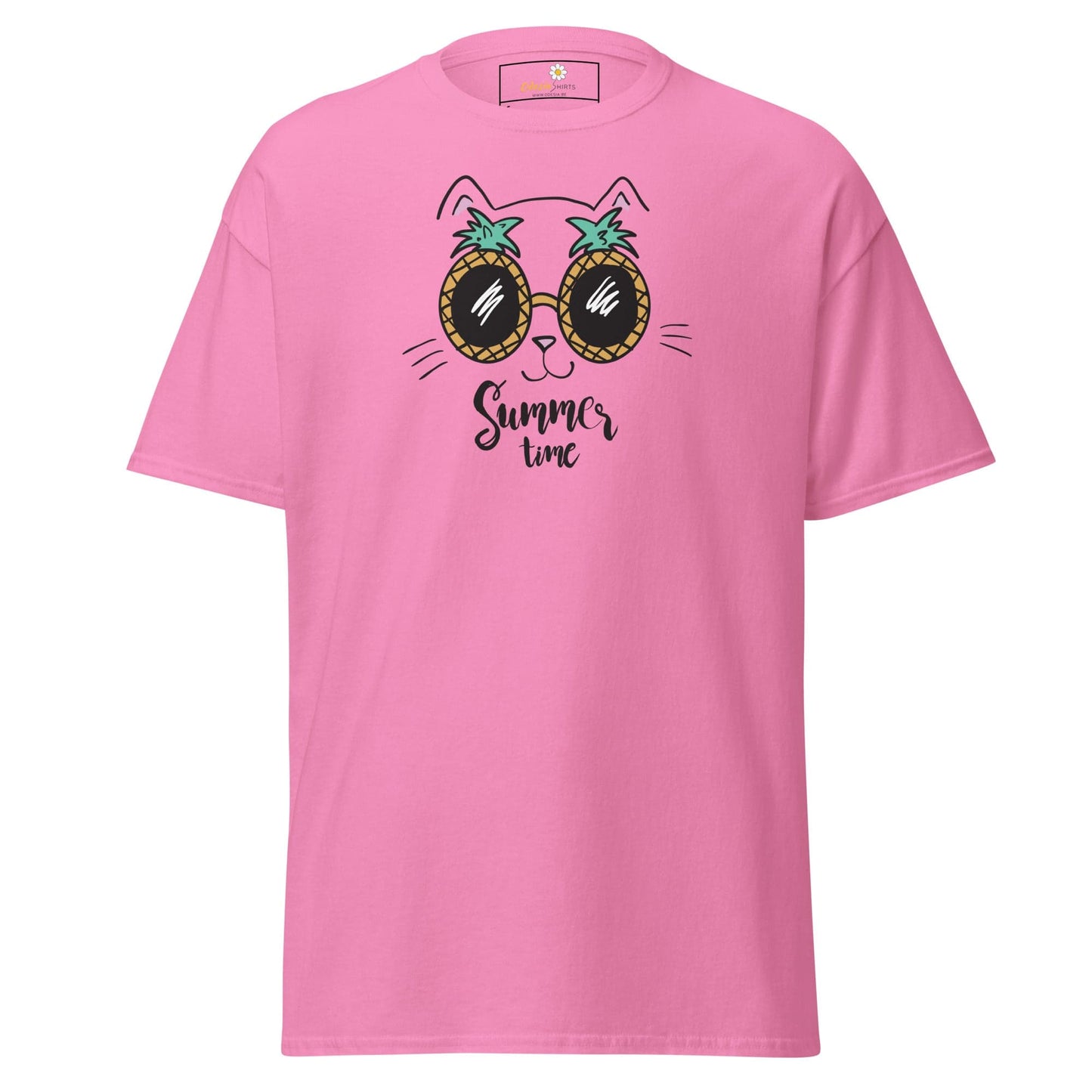 Pink T-shirt with a cat wearing pineapple sunglasses, designed for men and women sizes S to XL