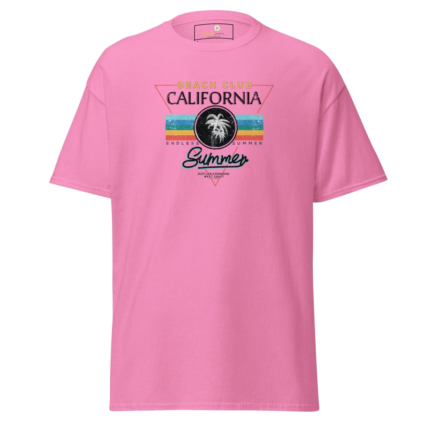 Pink T-shirt with California Beach Club design for men and women in available sizes S to XL
