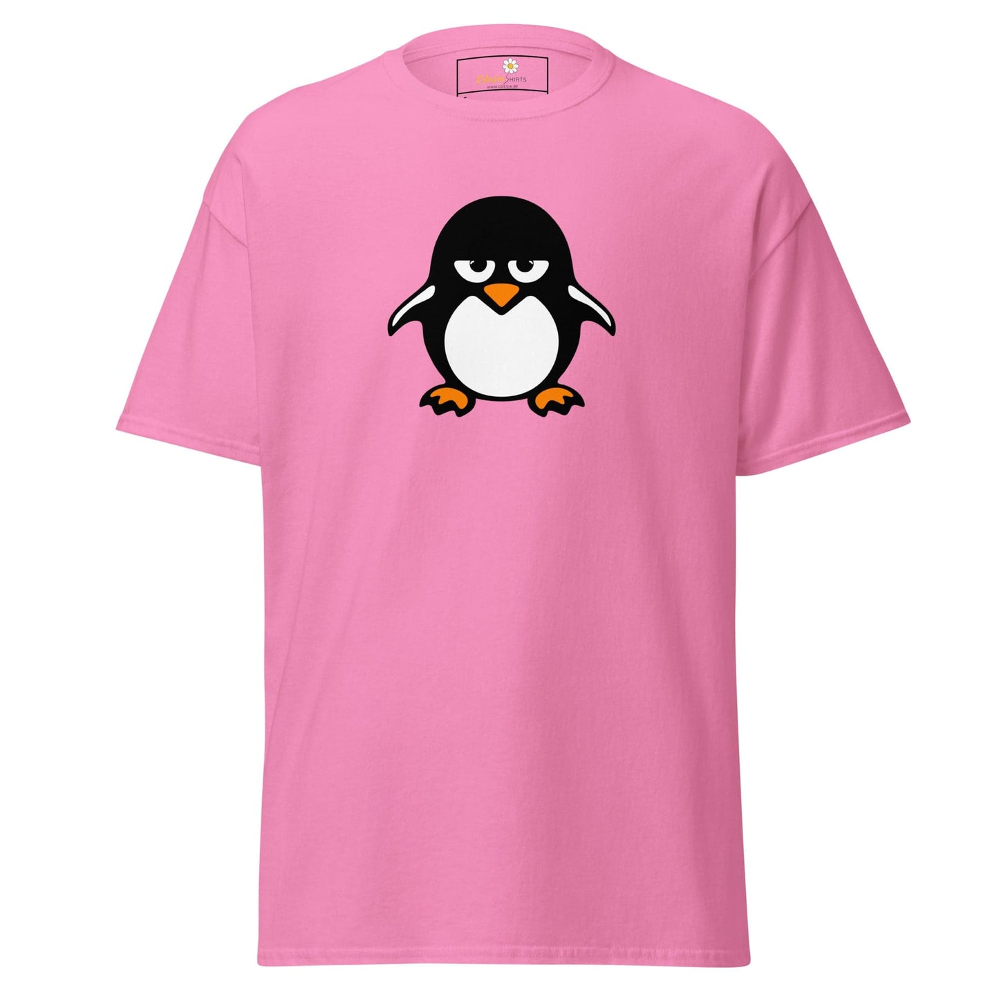 Pink T-shirt featuring a cartoon penguin design for Men and Women sizing S to XL