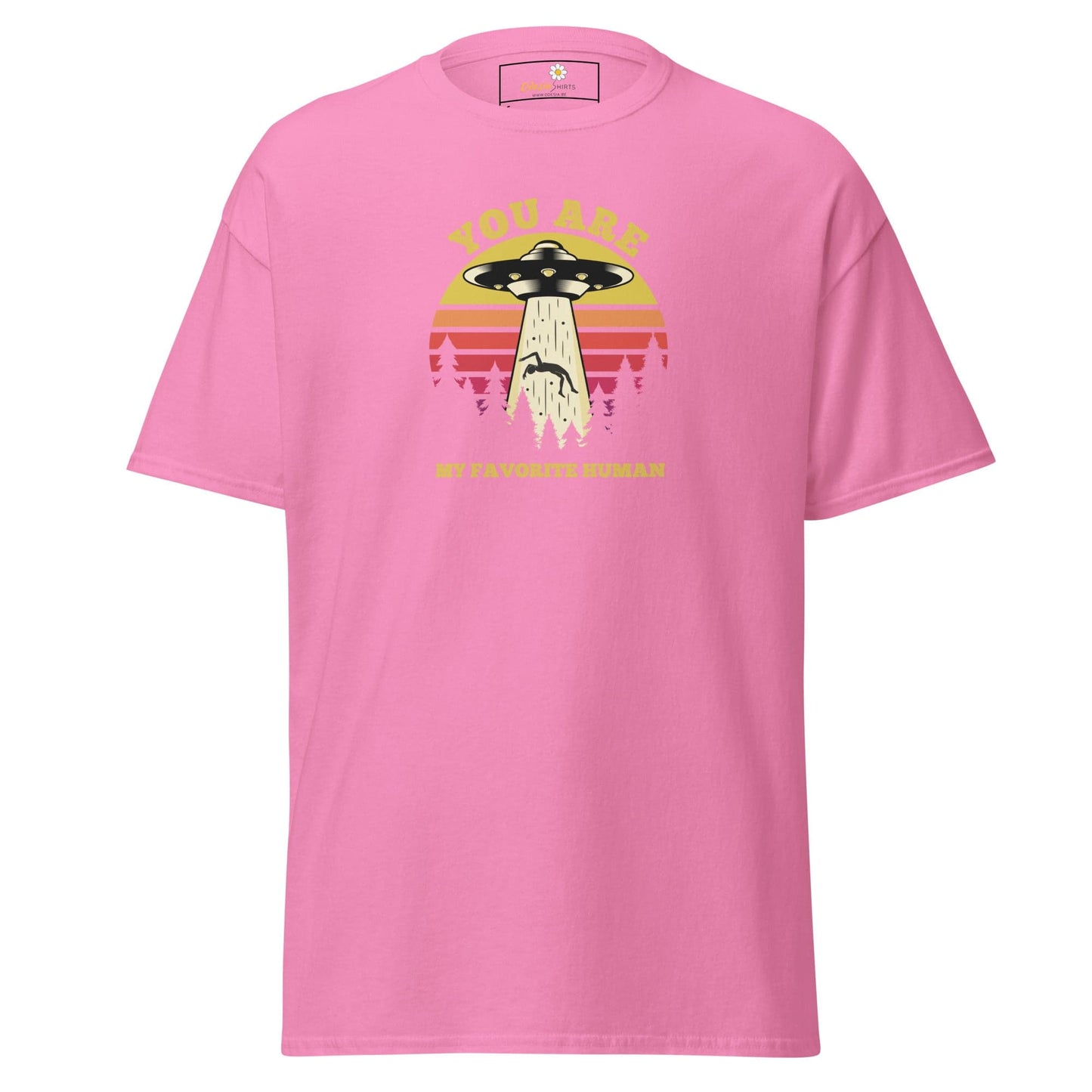 Pink T-shirt with alien abduction graphic for men and women size S to XL