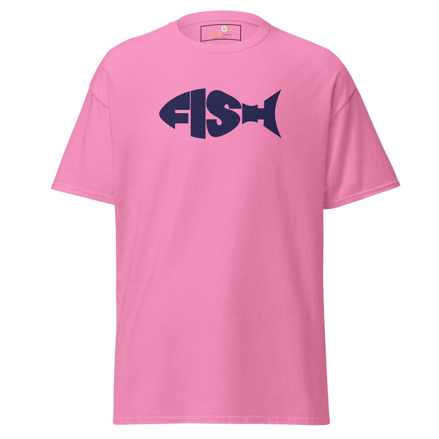 Pink T-shirt with FISH design for men and women available in S to XL sizes