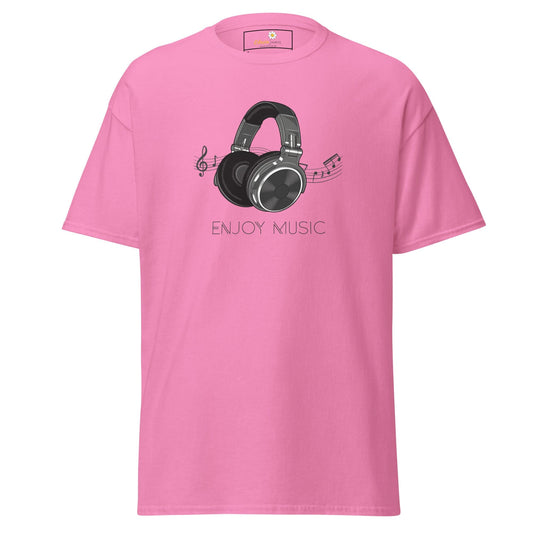 Pink T-shirt with headphone graphic for men and women, available in sizes S to XL