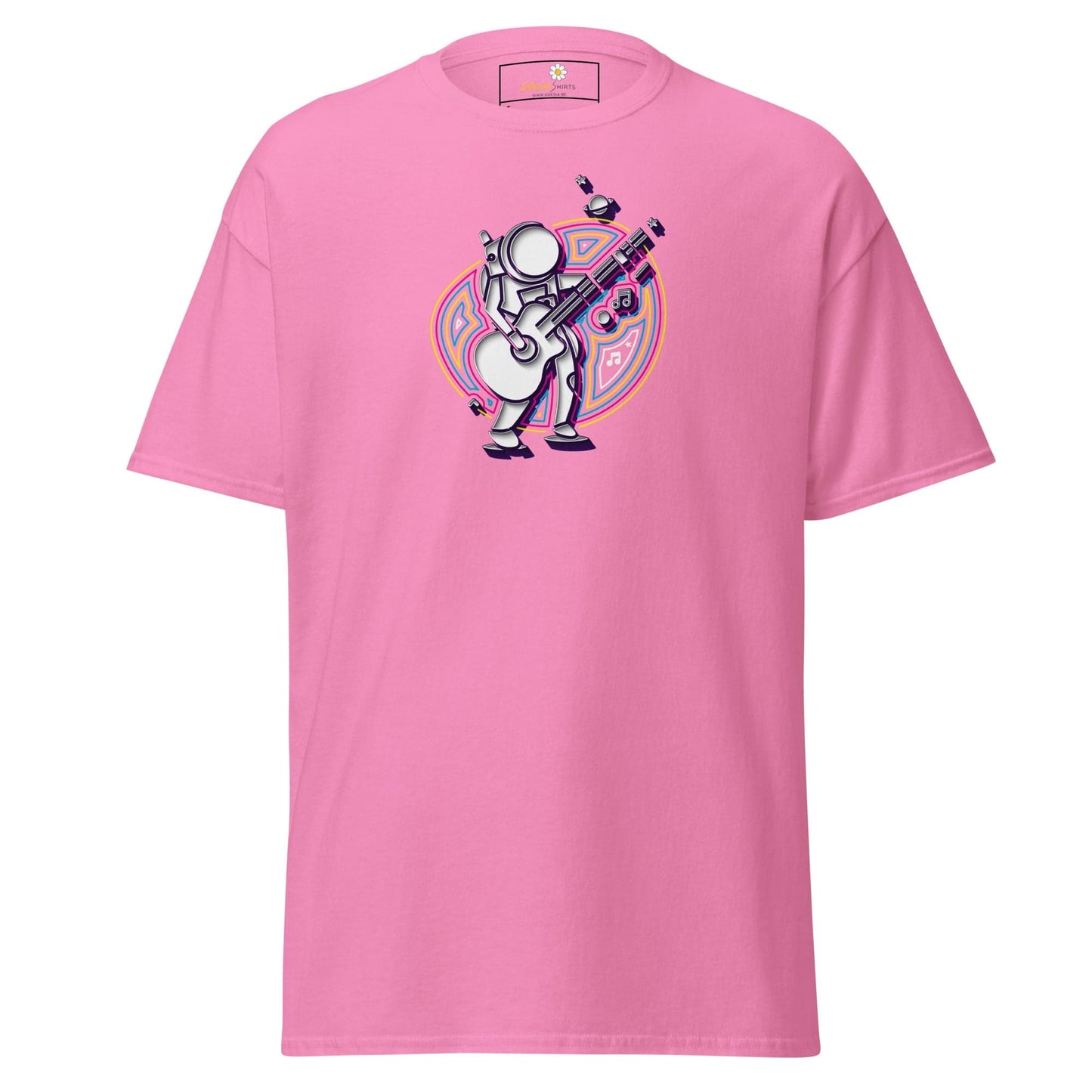 Pink T-shirt with astronaut playing guitar graphic for men and women, available in sizes S to XL