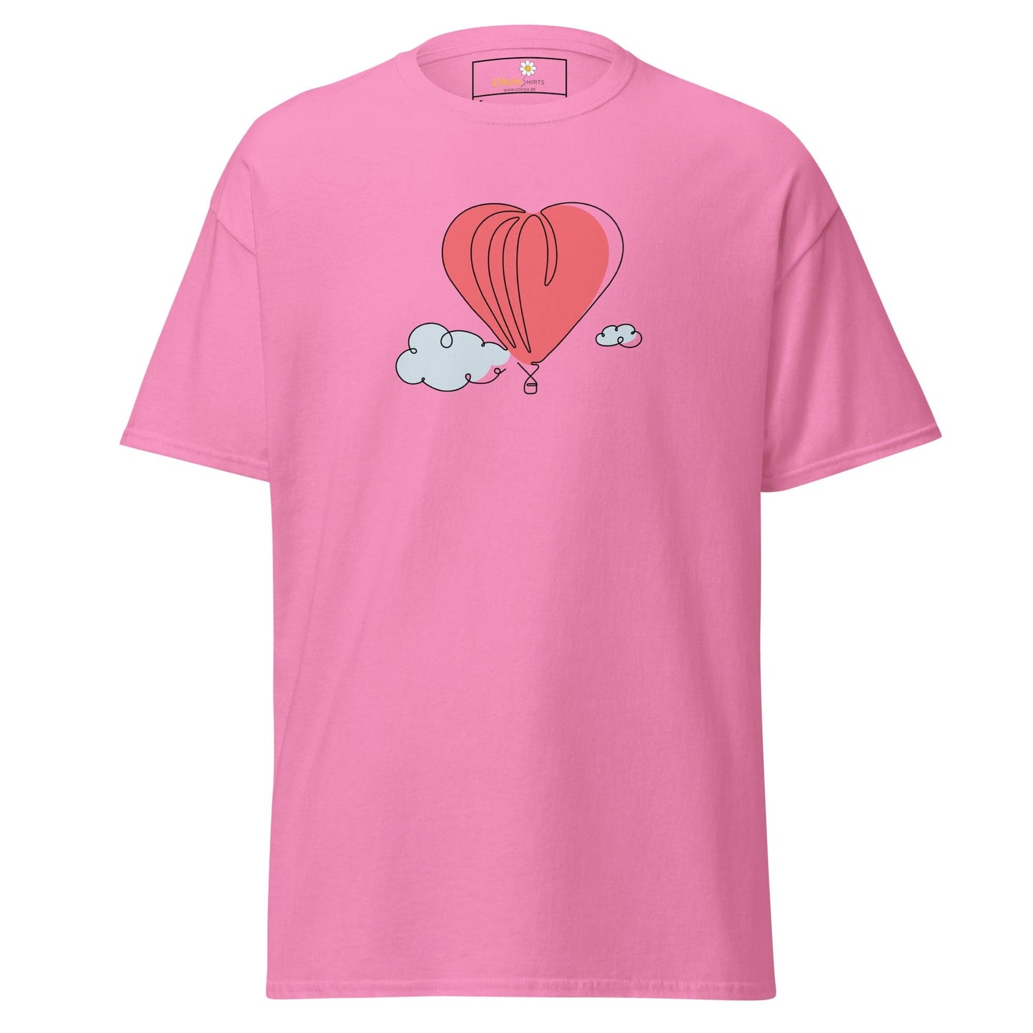 Pink T-shirt with heart balloon graphic for Men and Women available in sizes S to XL