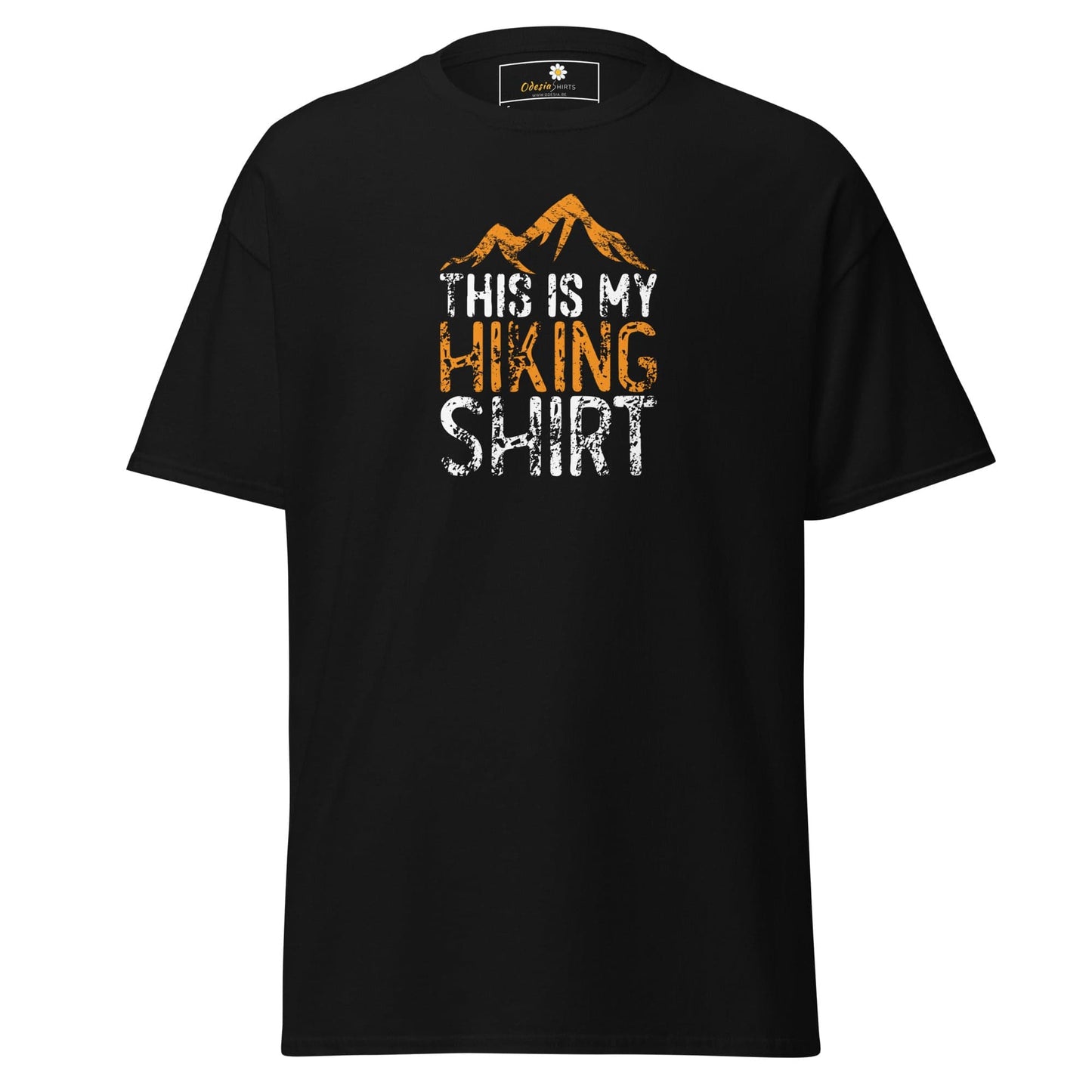 Black T-shirt with hiking graphic for men and women, available in sizes S to XL