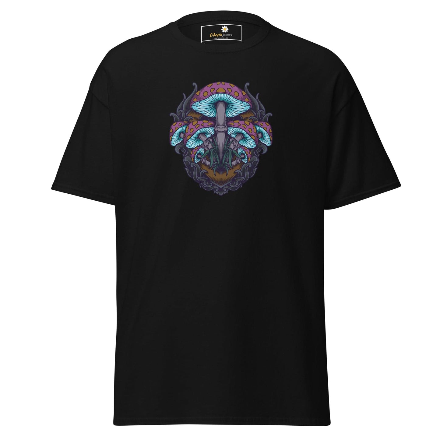 Black T-shirt featuring a mushroom graphic from the T-SHIRT DESIGN TEE collection in various sizes