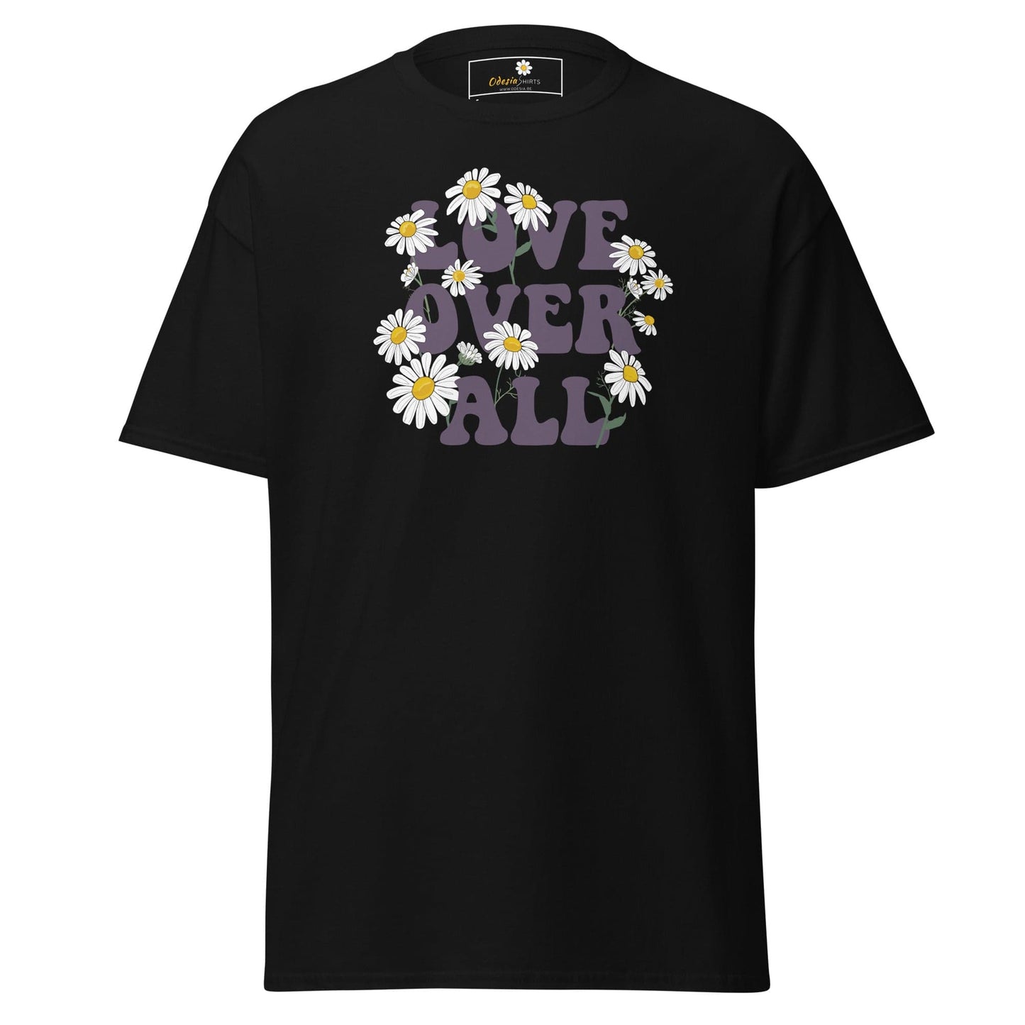 Black T-shirt with floral Love Over All graphic for Men and Women in sizes S to XL