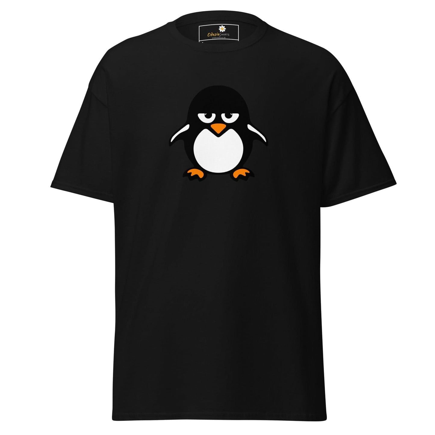 Black T-shirt with cartoon penguin design for men and women available in sizes S to XL