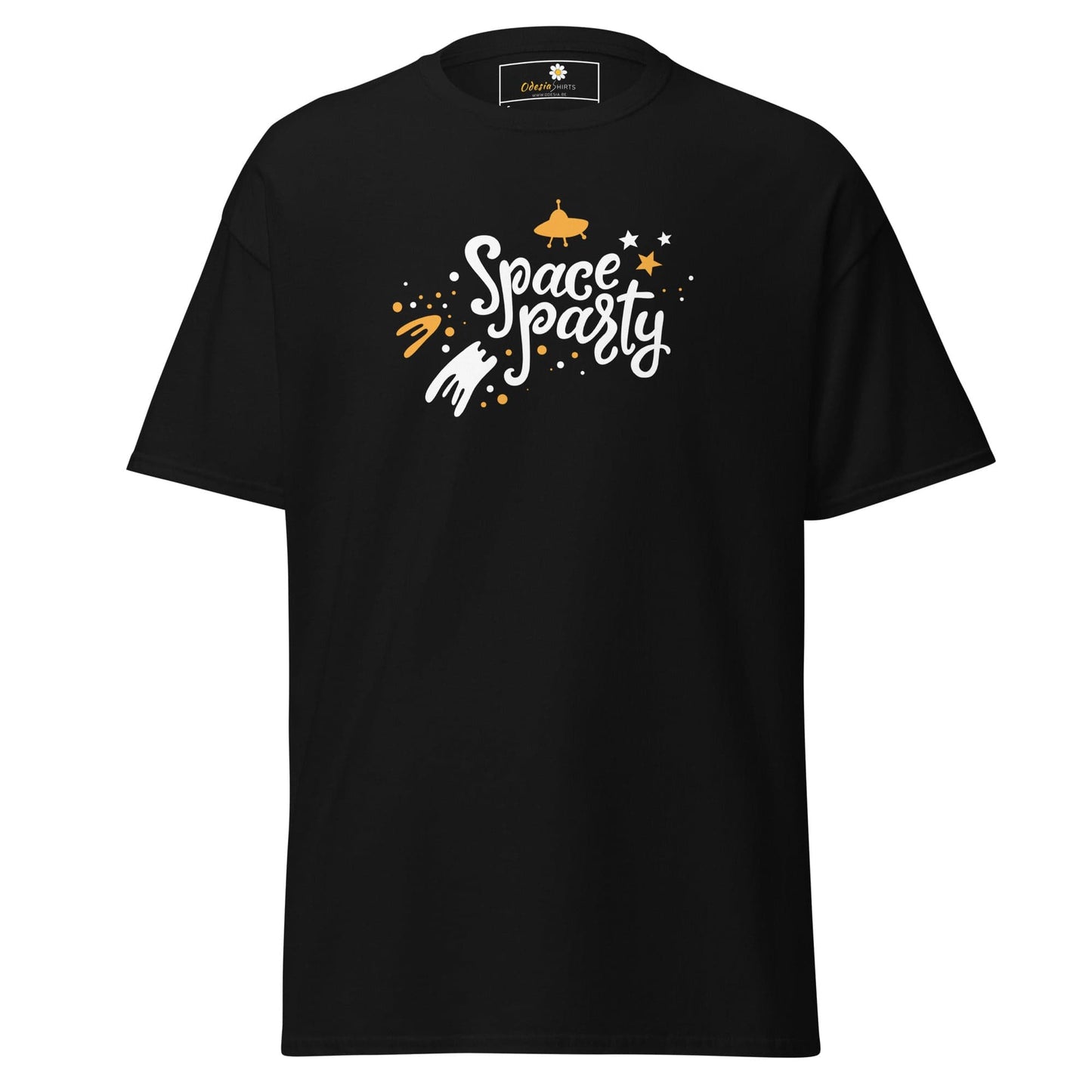 Black T-shirt with Space Party design for Men and Women in sizes S to XL