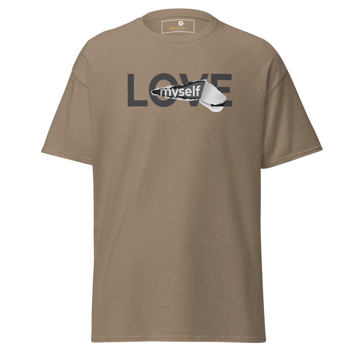 Khaki T-shirt with Love Myself graphic from T-Shirt Design Tee for Men and Women