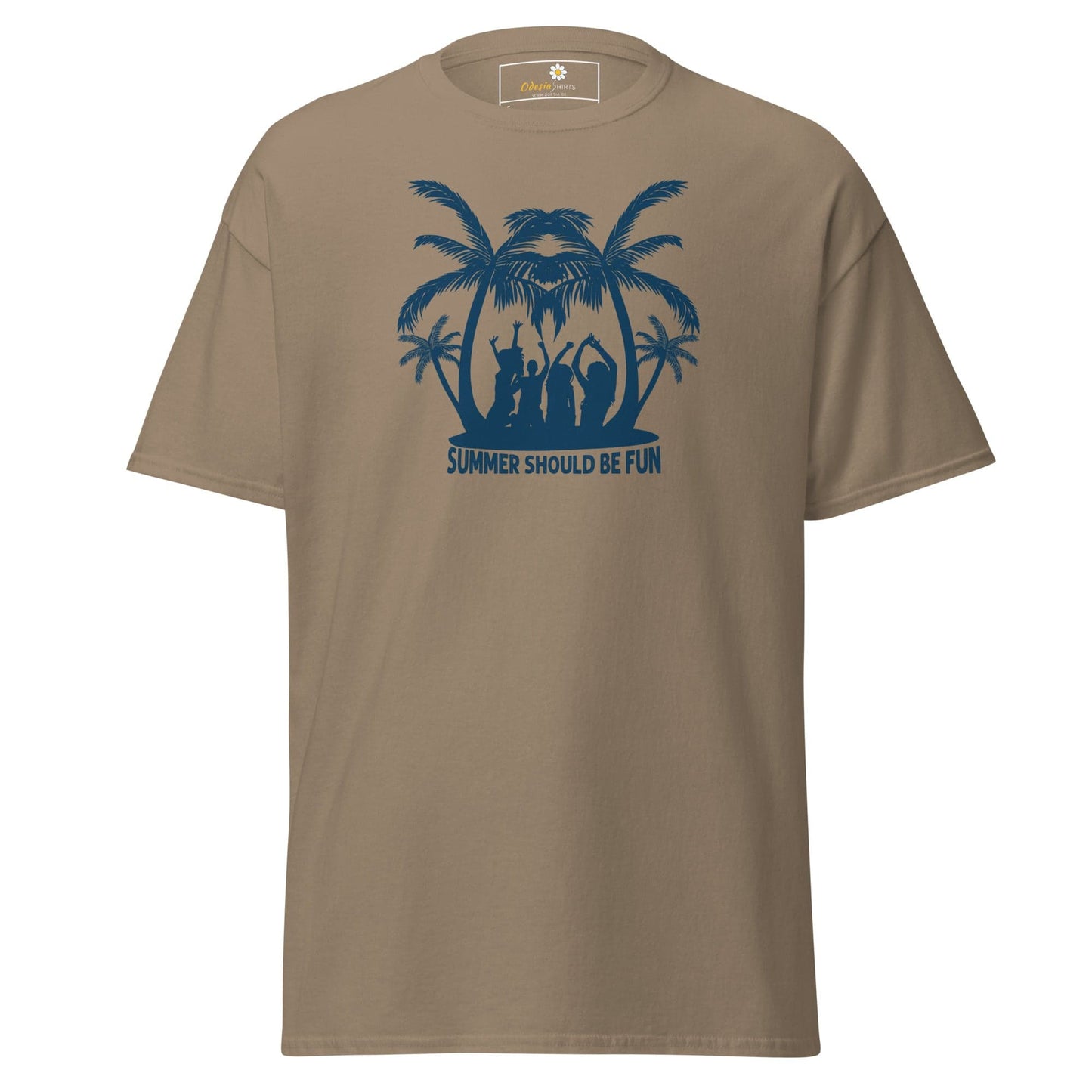 Khaki T-shirt with palm tree graphic for men and women in sizes S to XL