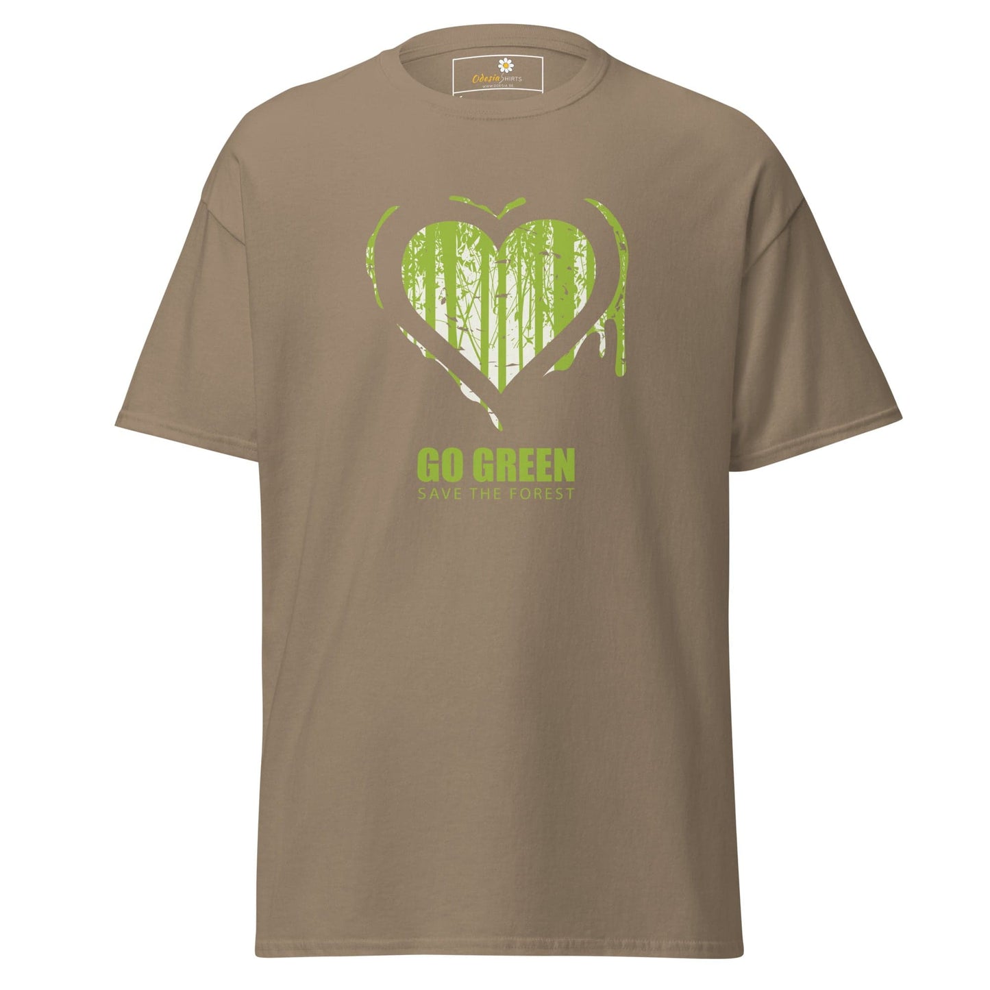 Khaki T-shirt with green heart and forest design for men and women in sizes S to XL