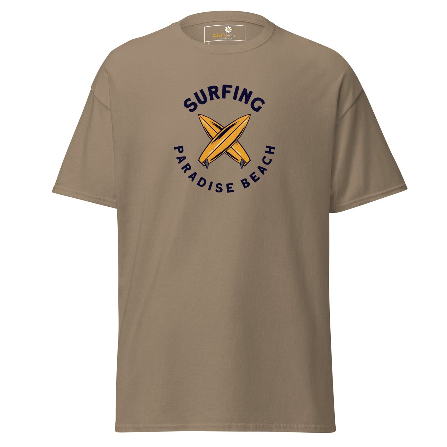 Khaki T-shirt with surfing graphic, suitable for men and women in size S to XL