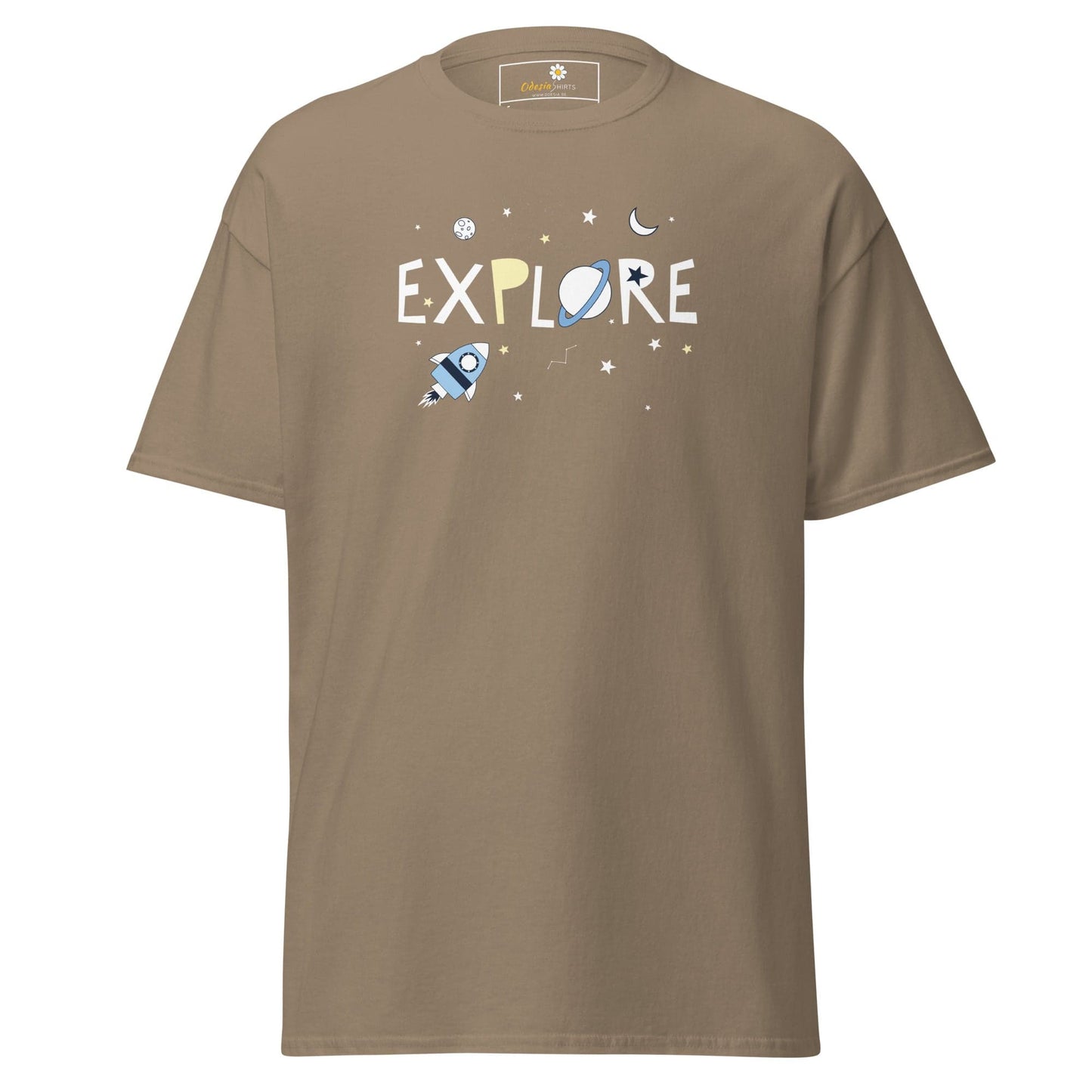 Khaki T-shirt with space-themed graphic for men and women in sizes S to XL