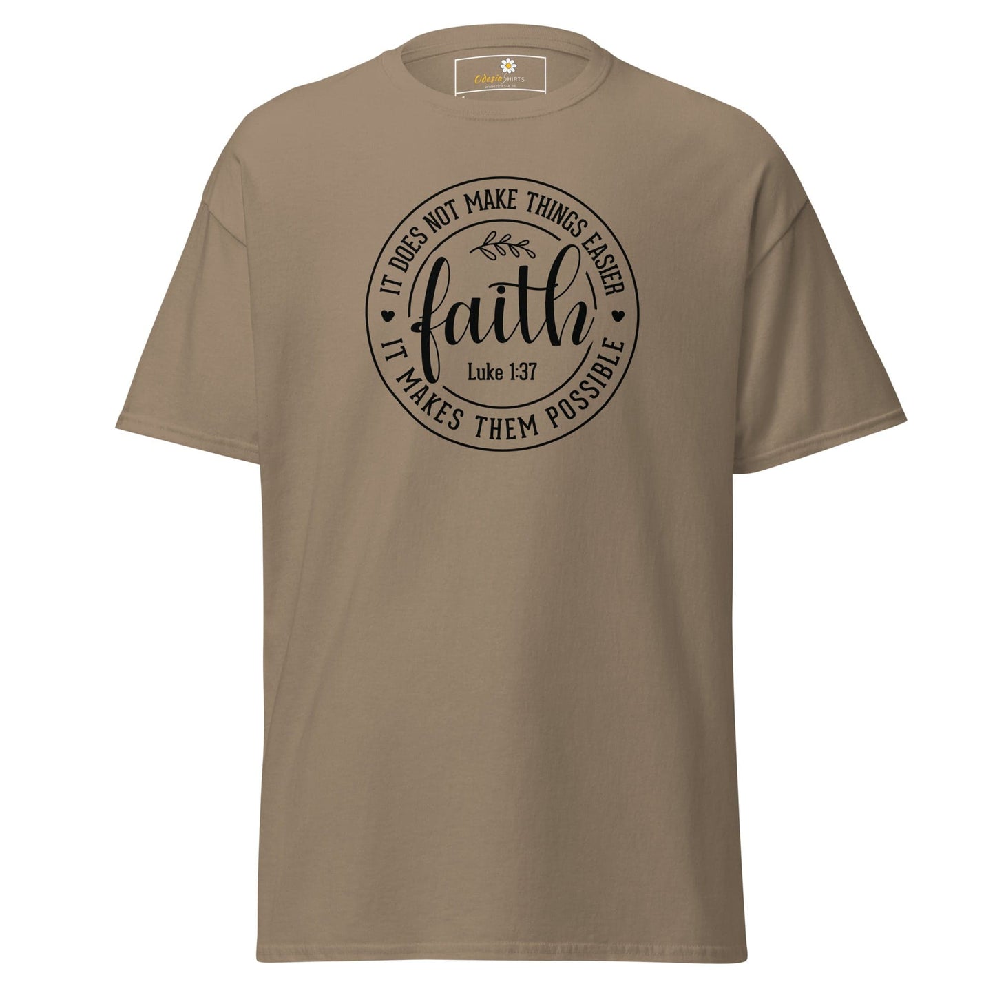 Tan T-shirt featuring Faith graphic, suitable for Men and Women, available in sizes S to XL
