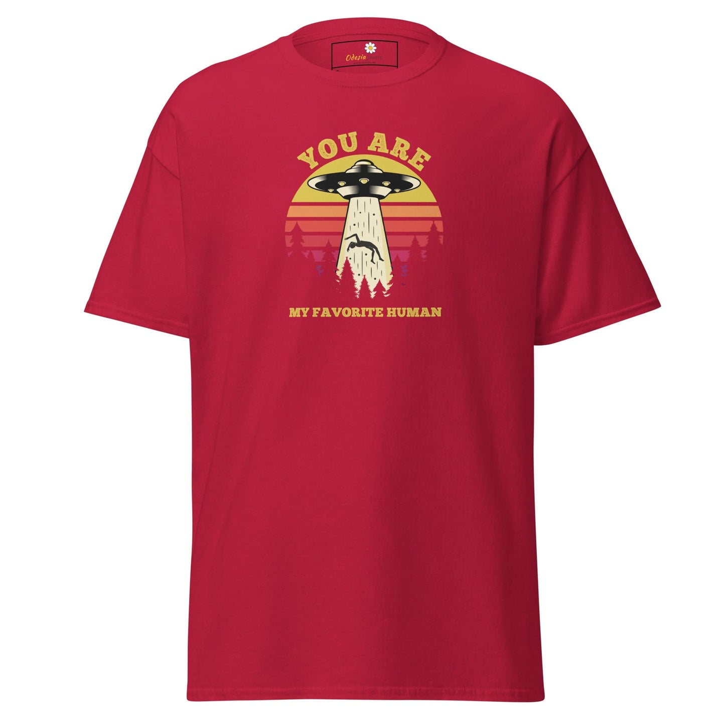 Red T-shirt with alien abduction graphic for men and women in sizes S to XL