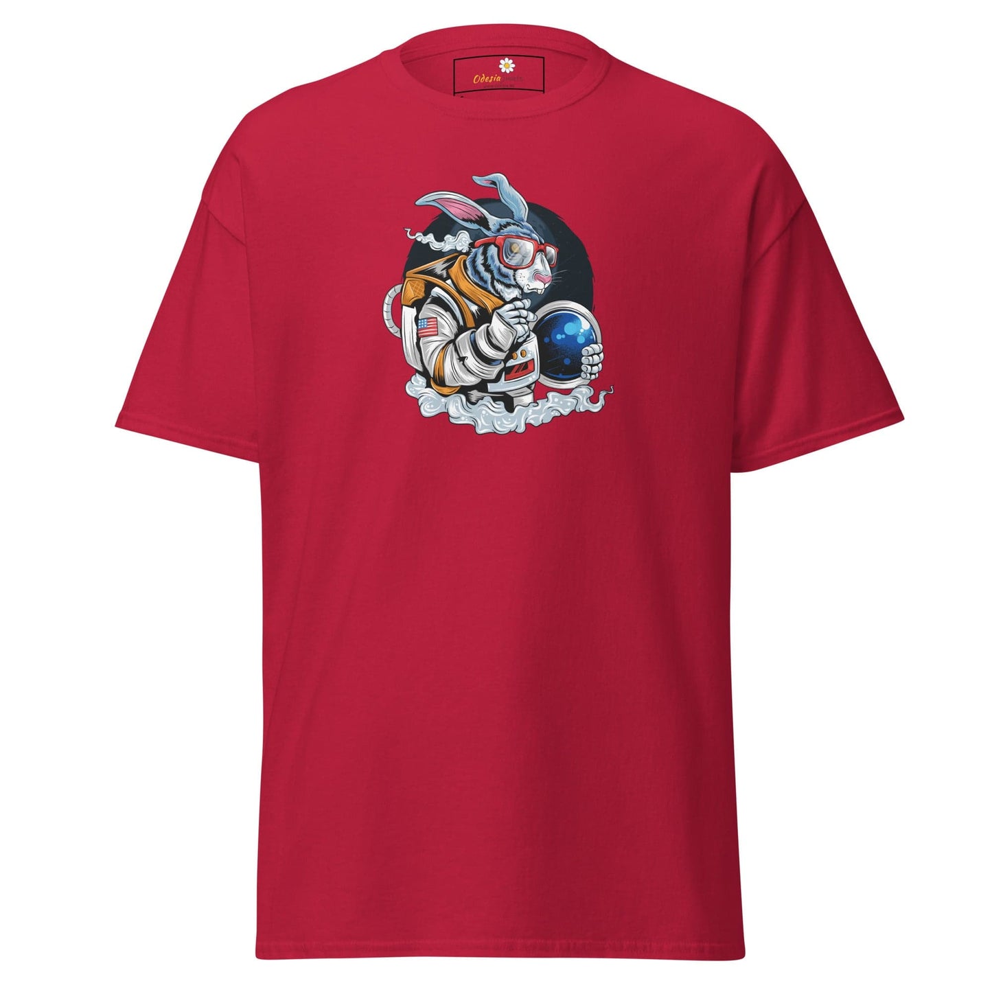 Red T-shirt with astronaut rabbit graphic, available in S to XL for men and women