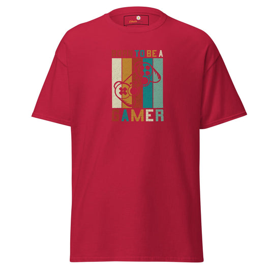 Red T-shirt with gamer graphic, available in S to XL for men and women