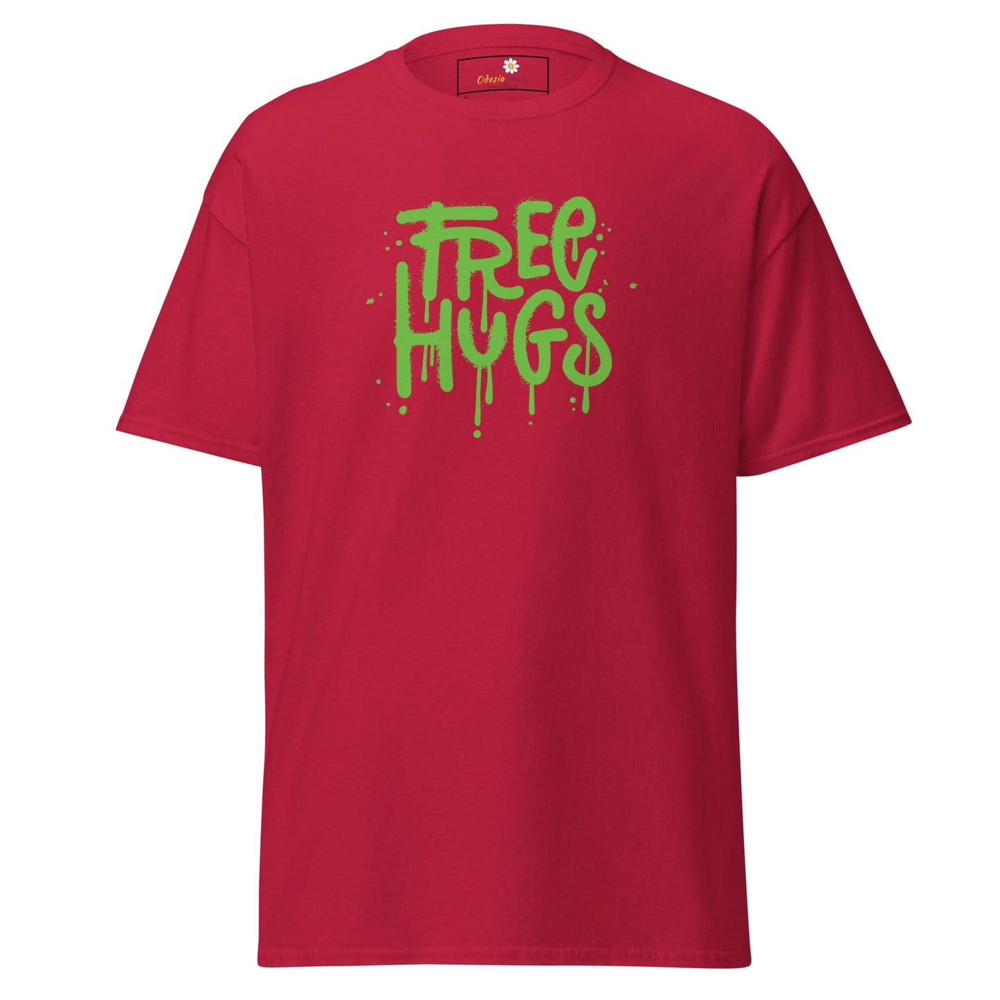 Red T-Shirt with Green Free Hugs Graphic for Men and Women in Sizes S to XL