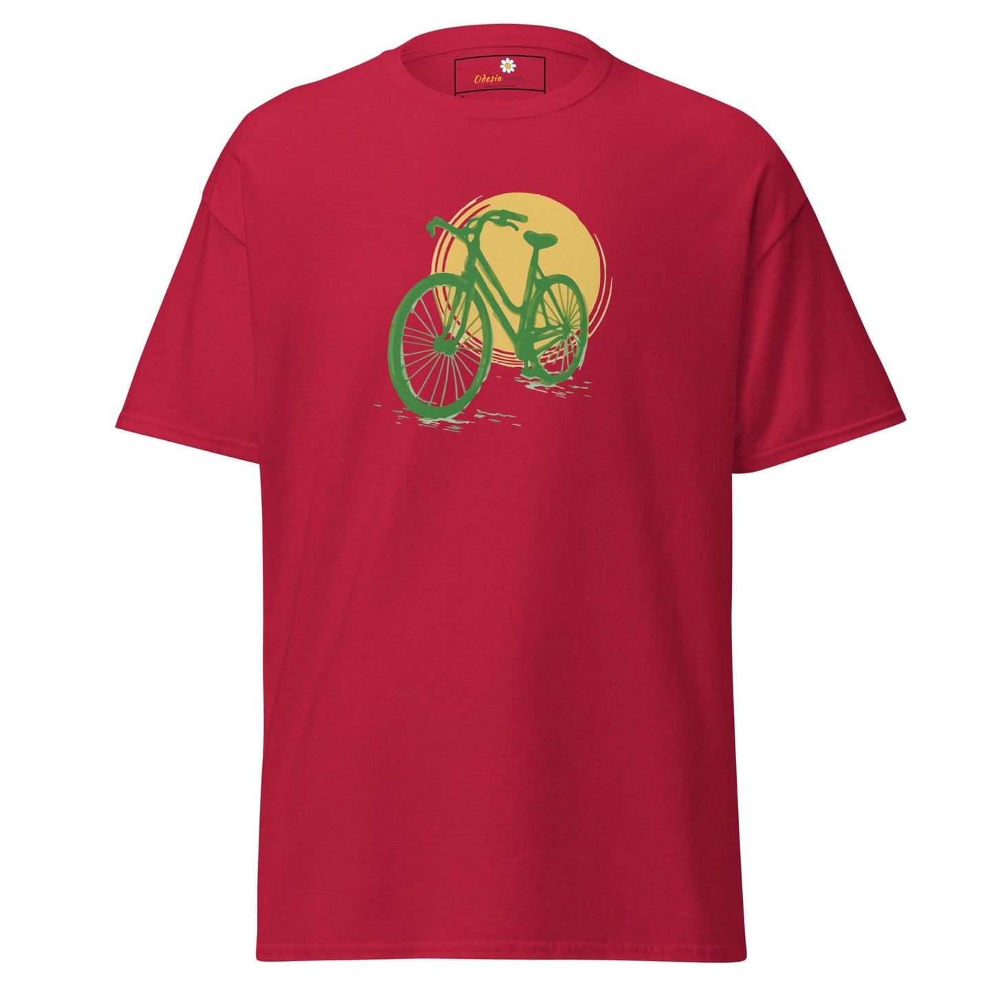 Red T-shirt for men and women with a green bicycle graphic in size S to XL