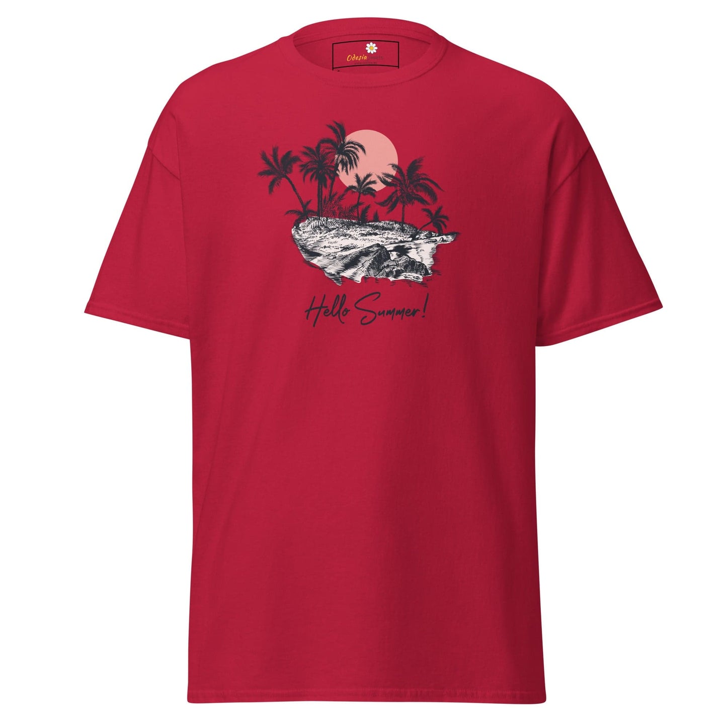 Red T-shirt with tropical island graphic for men and women in sizes S to XL