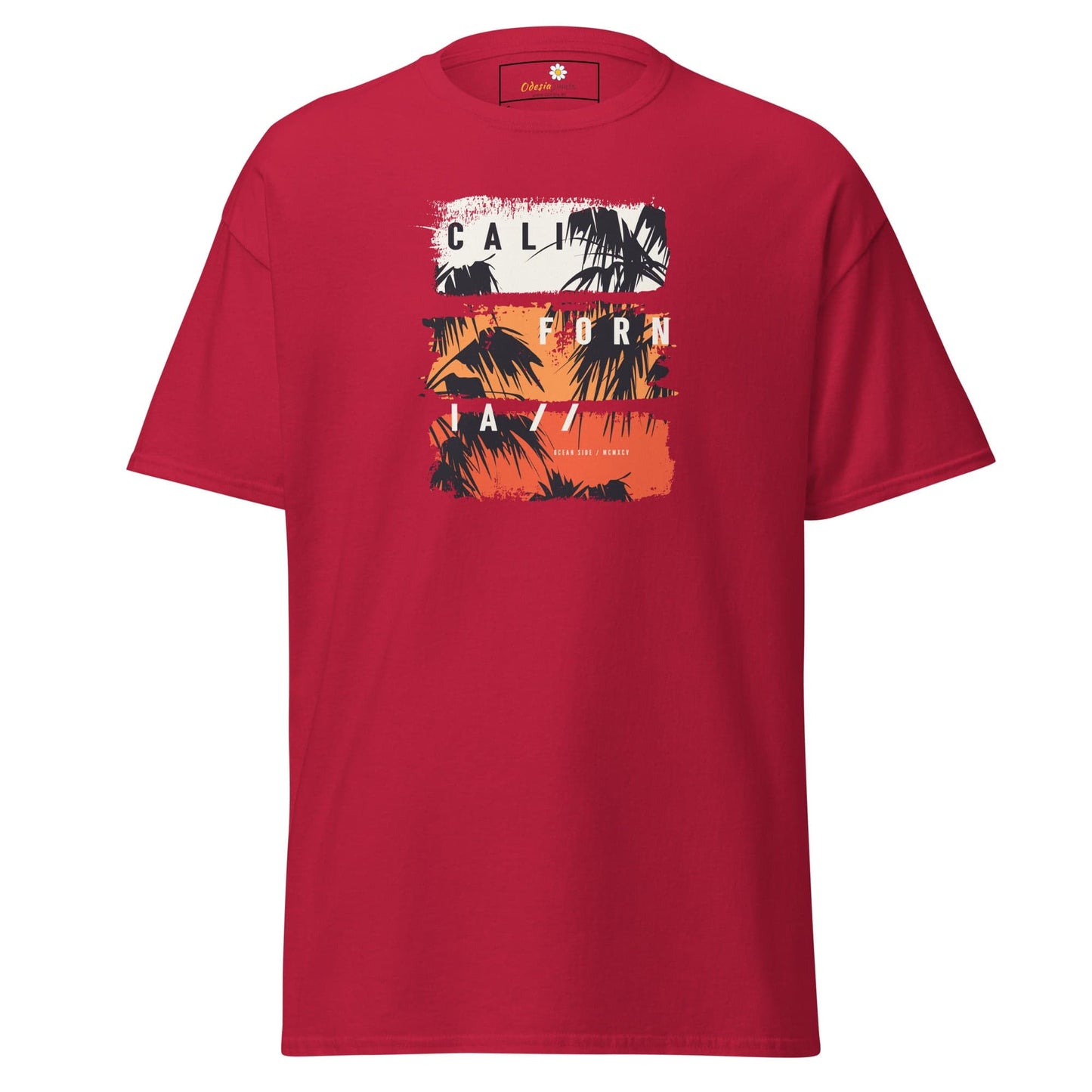 Red T-shirt featuring California graphic, suitable for men and women in sizes S to XL