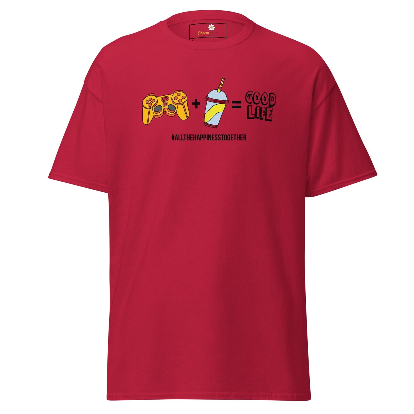 Red T-shirt with gaming and beverage graphic displayed in T-SHIRT DESIGN TEE for Men and Women