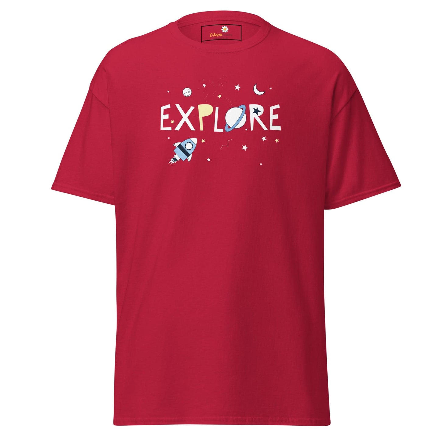 Red T-shirt with space-themed graphic for Men and Women in sizes S to XL
