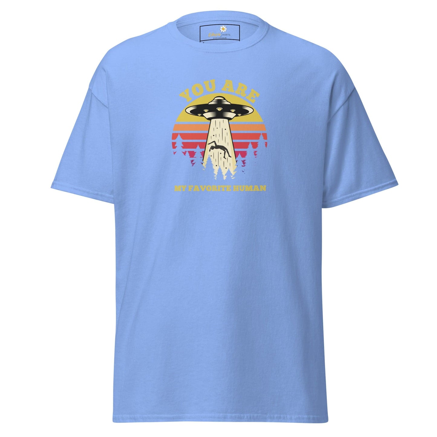 Light blue t-shirt with alien abduction graphic from T-SHIRT DESIGN TEE for men and women