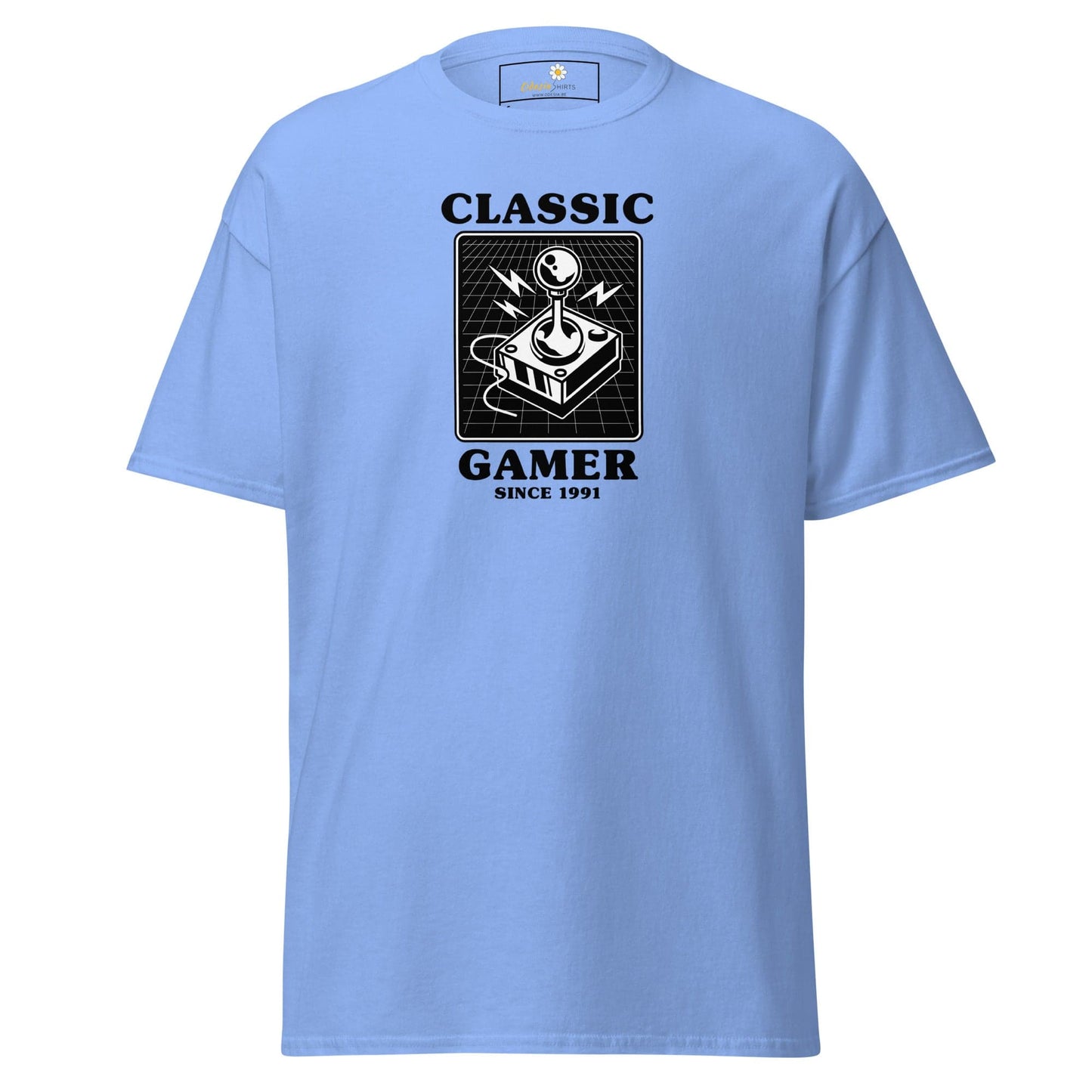 Light blue T-shirt with retro gaming design available in S to XL sizes