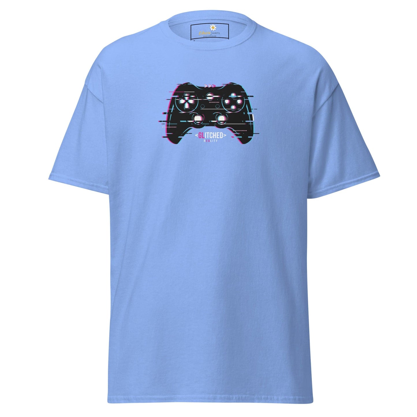 Light blue T-shirt featuring a glitching game controller design for men and women
