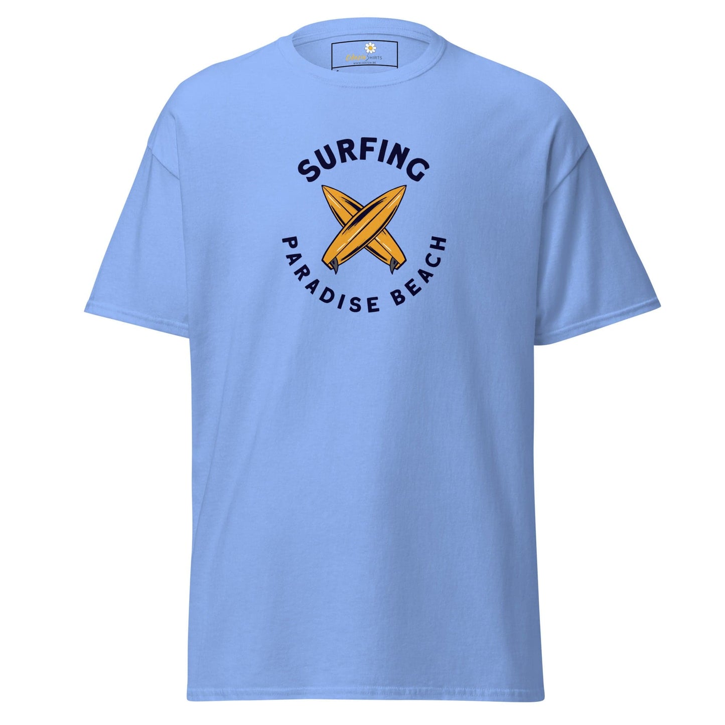 Light blue T-shirt featuring a surfing graphic for Men and Women, available in sizes S to XL